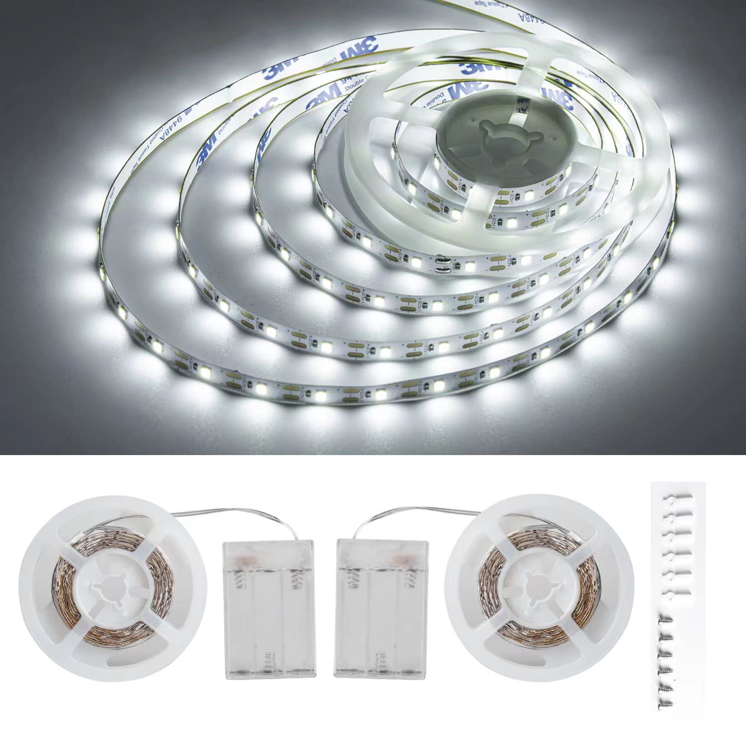 JUNWEN Battery Powered LED Strip Lights, 5V, Daylight White,Cuttable to Size, 13.2ft with 240 LEDs, Portable Lighting, Requires 
