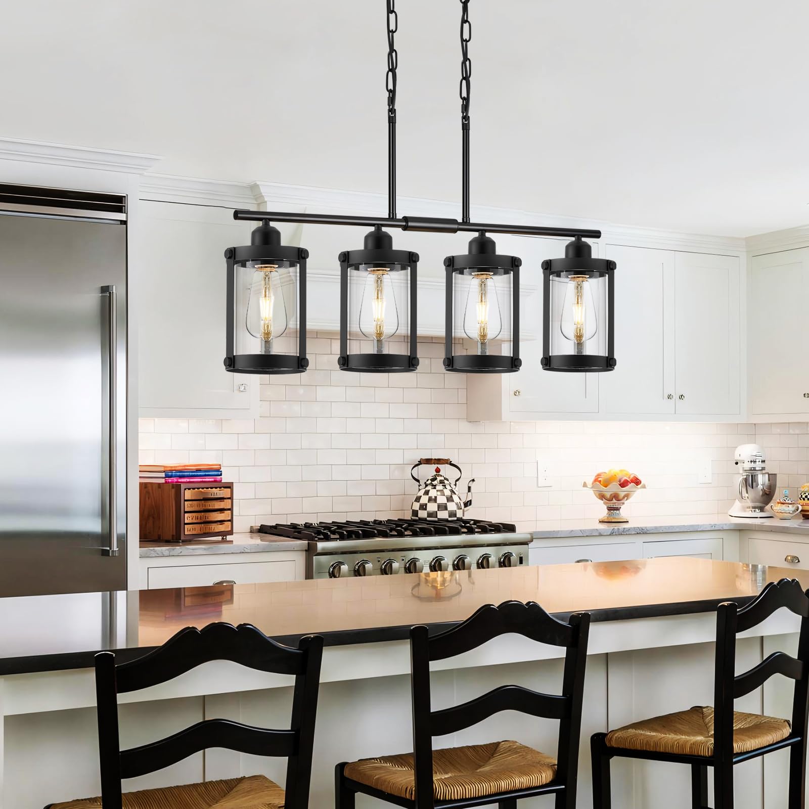 Osimir 4-Light Linear Kitchen Island Chandelier, Black & Clear Glass, Model OS-3014-4ISBK