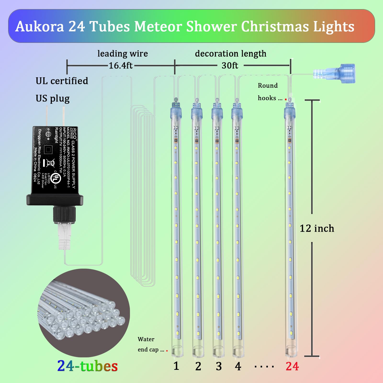 Aukora Christmas Lights Outdoor, 24 Tubes 576 Leds Meteor Shower Light, Icicle Snow Falling Rain Lights For Xmas Tree Christmas