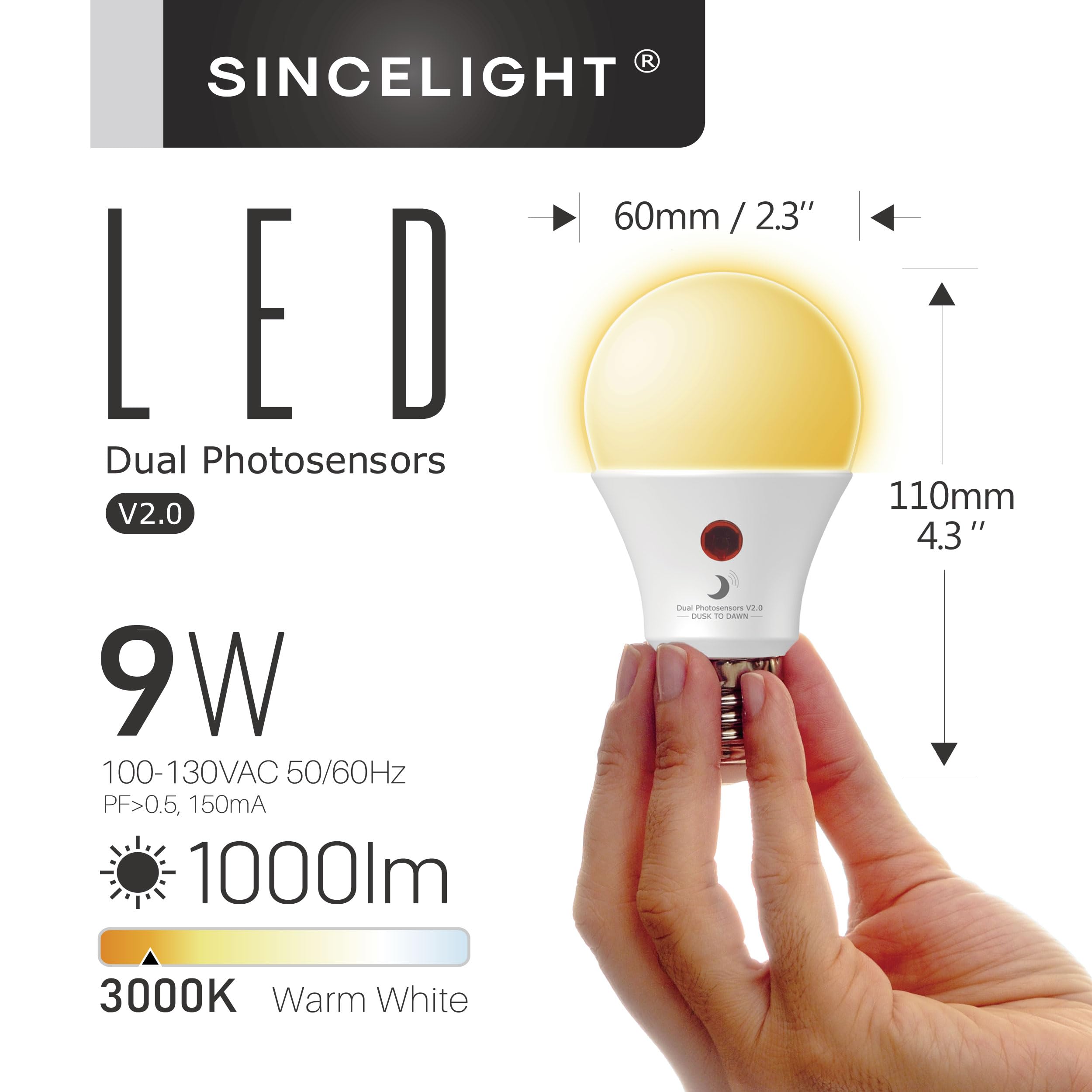 Sincelight Dusk To Dawn Led Bulb, 9W Warm White, Dual Daylight Sensor, E26, 2