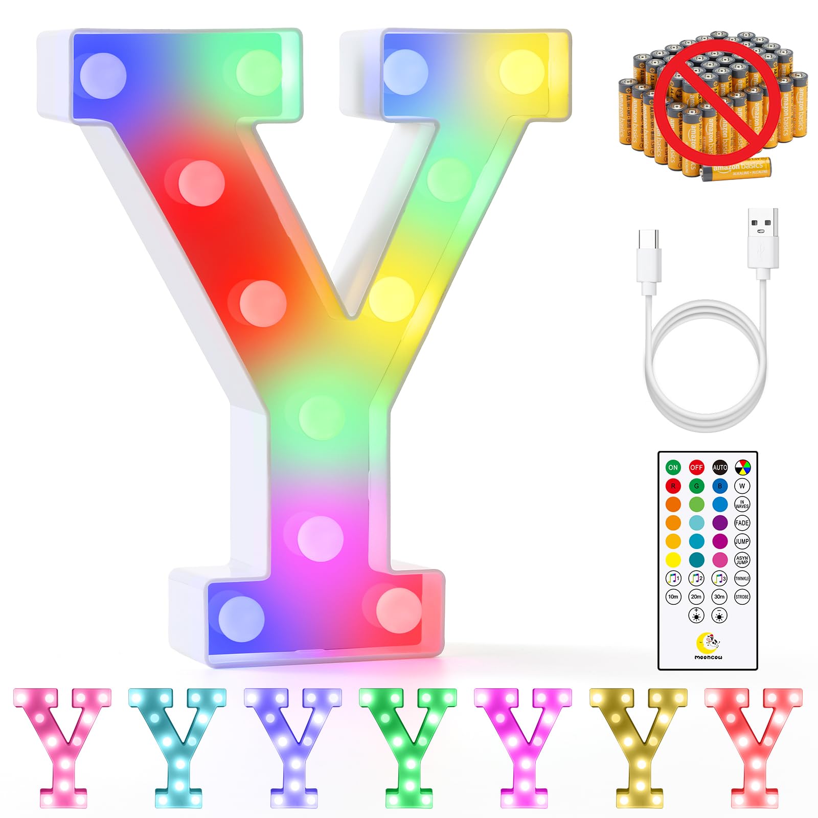 Mooncow Rechargeable Light Up Letters,Colorful Marquee Letters With Remote,Gift Wrap Gifts,Bedroom Home Bar Party Decor (Y)