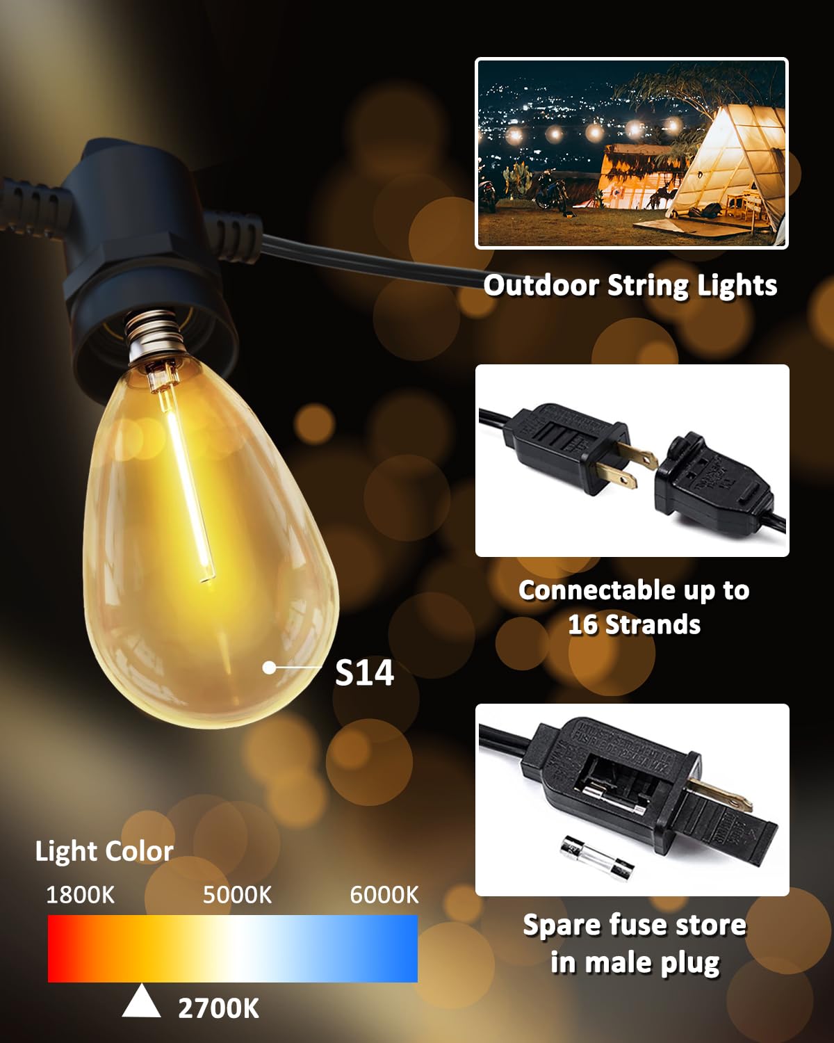 LONIUTO Outdoor String Lights, 50FT with 27 S14 Vintage Waterproof LED Bulbs, Black, Model LNO3976