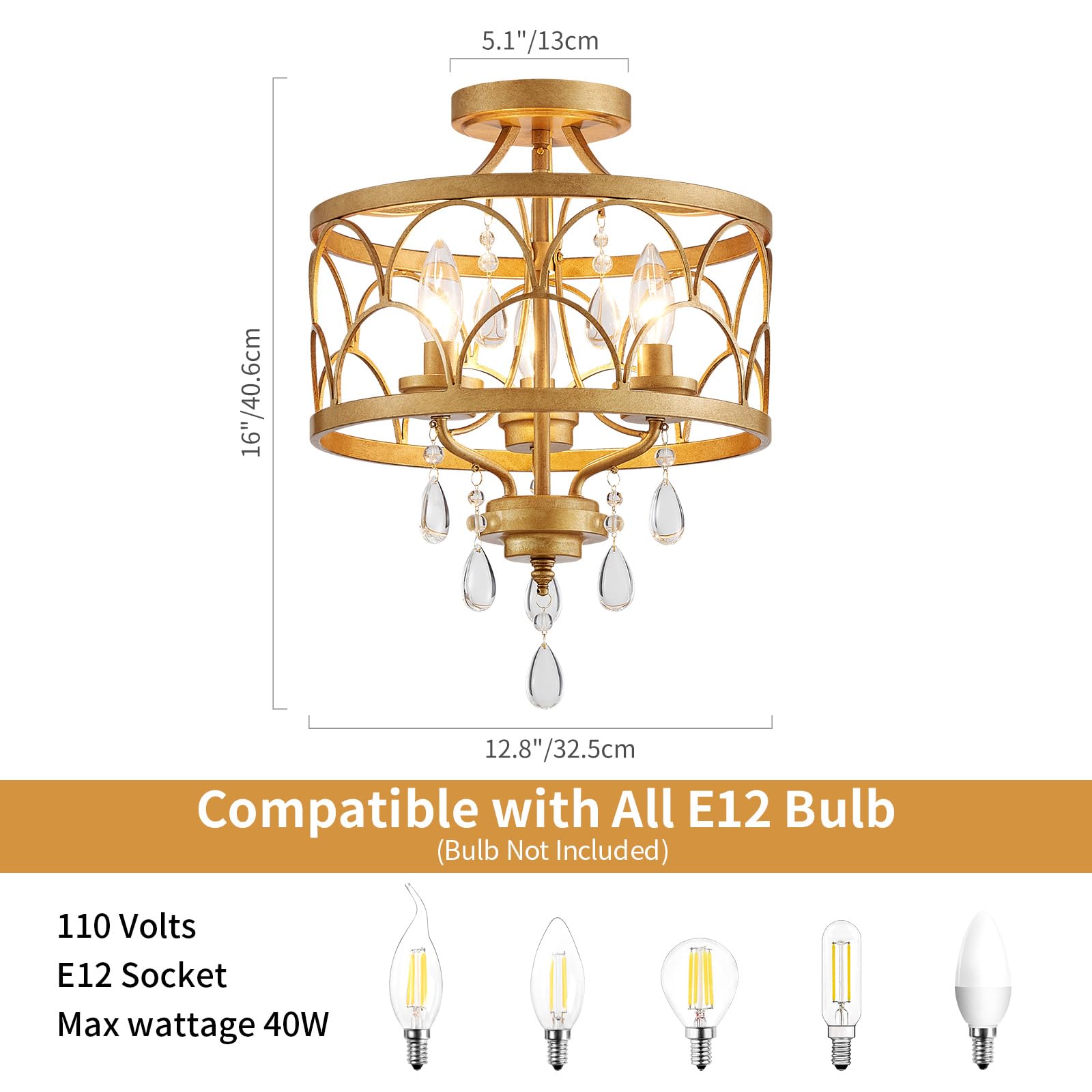 Crystal Ceiling Light Fixture  Modern Small Chandelier Light Fixture  Farmhouse Gold Semi Flush Mount Ceiling Light  Round Hallway Lighting Fixtures For Bedroom Entryway Closet Dining Room Living Room