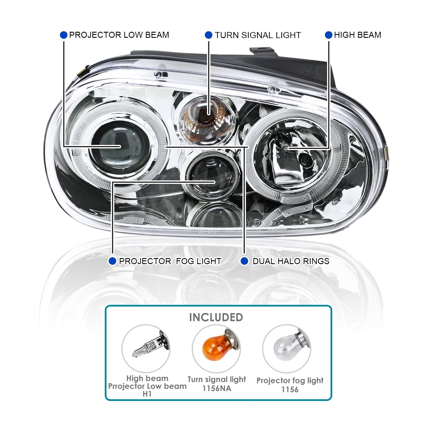 SPEC-D Tuning Projector Headlights for 1999-2006 VW Golf/GTI, Chrome Housing Clear Lens, Model LHP-GLF99-TM, Left + Right Pair