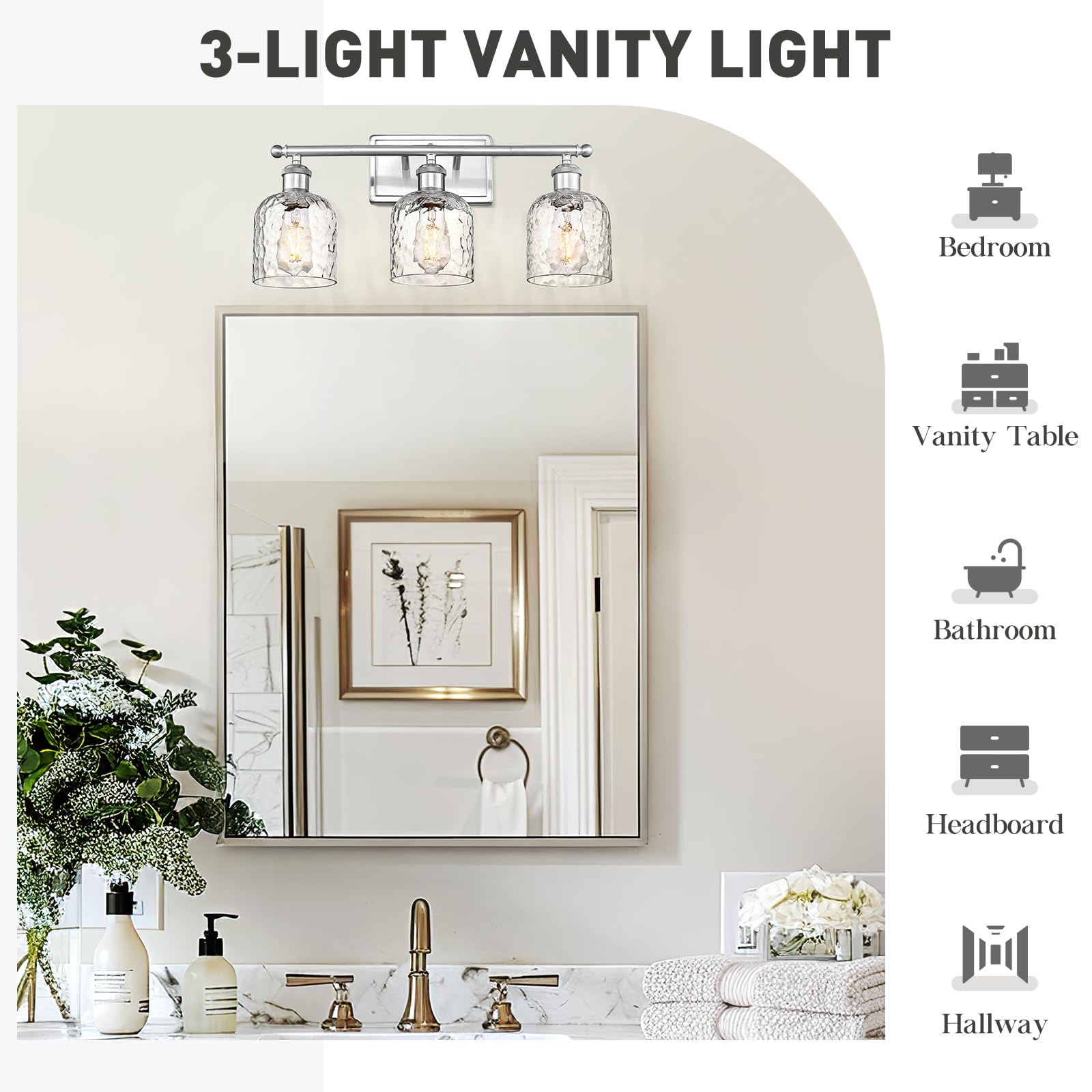 Zeyu 20.8'' Modern Bathroom Vanity Lamp, 3-Light Wall Mirror Light For Bathroom, Brushed Nickel Finish With Clear Hammered Glass