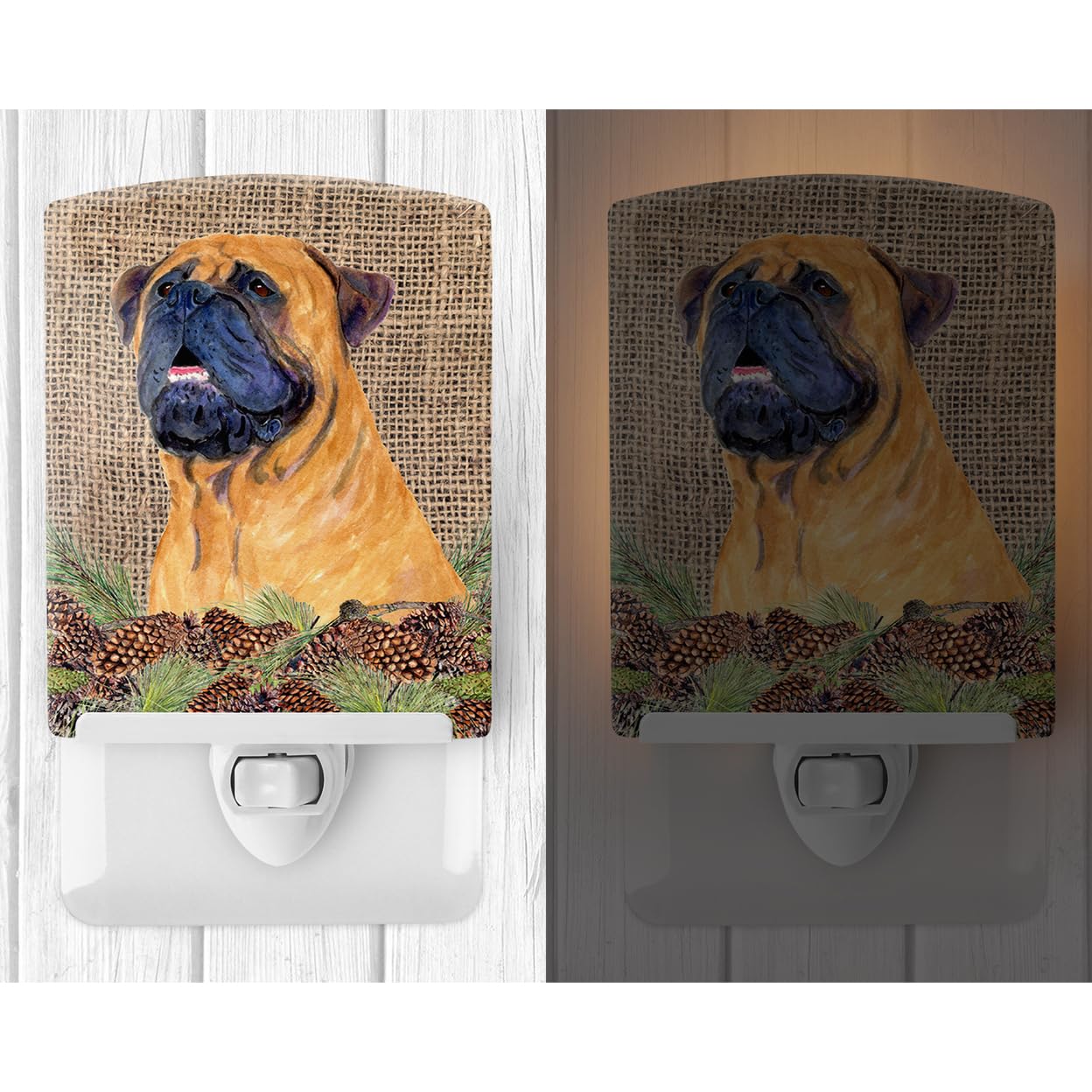 Caroline'S Treasures Ss4062Cnl Bullmastiff On Faux Burlap With Pine Cones Ceramic Night Light Compact, Ul-Certified, Ideal For Bedroom, Bathroom, Nursery, Hallway, Kitchen, 6X4X3, Multicolor