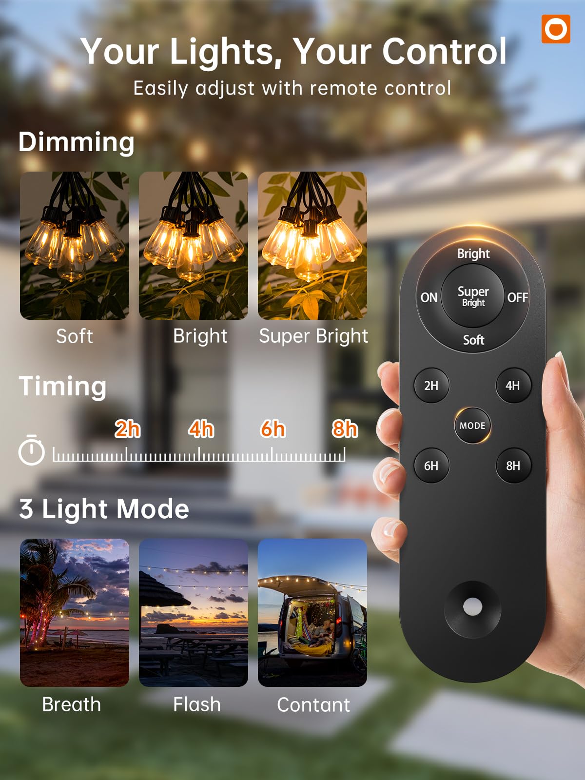 addlon Solar String Lights 72FT, Waterproof ST38 LED Bulbs, Dimmable, Black, with Remote & USB Port for Outdoor Use