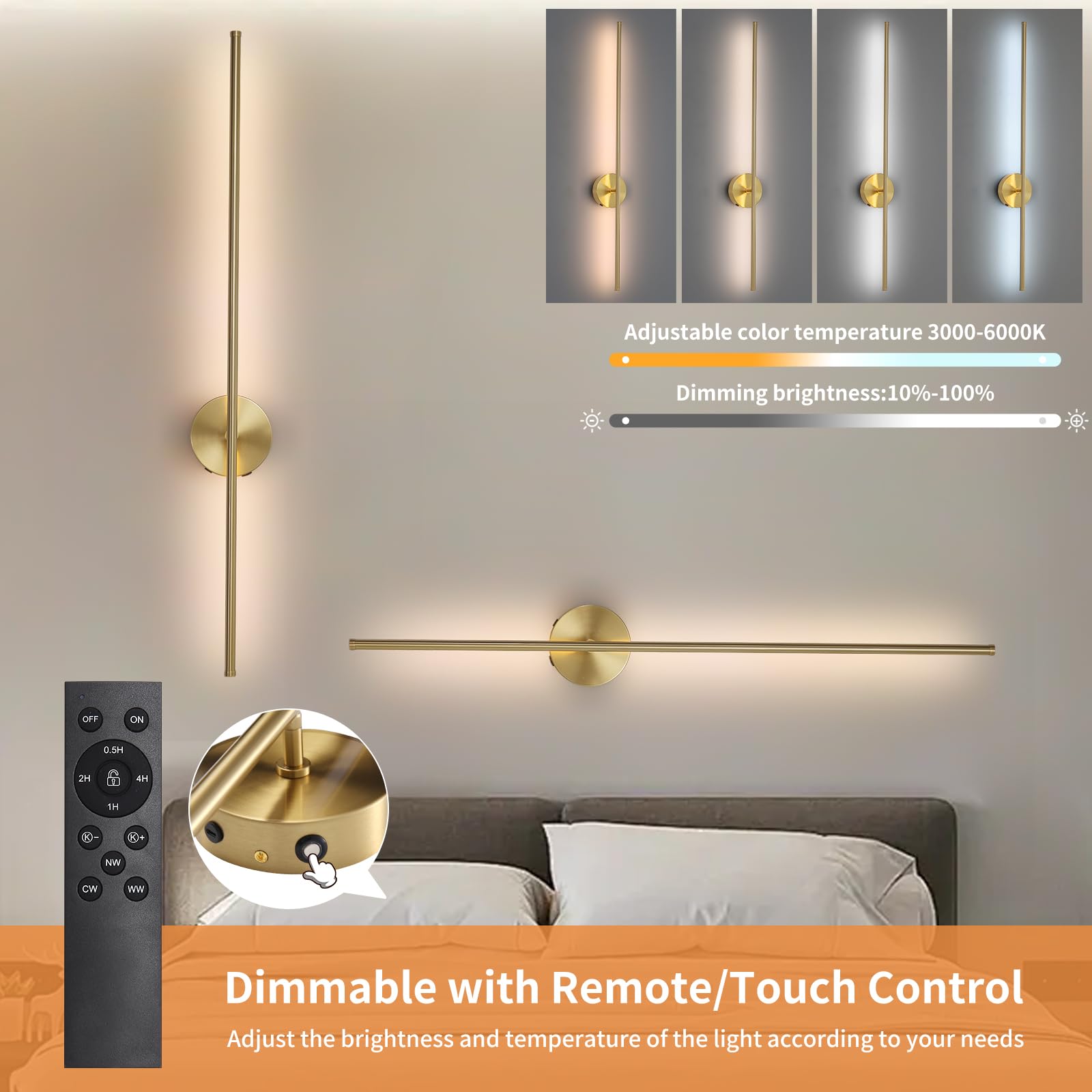 HONGREN 40in Gold Battery Operated Wall Sconces, LED Dimmable with Remote Control, Set of Two, Modern Metal Design