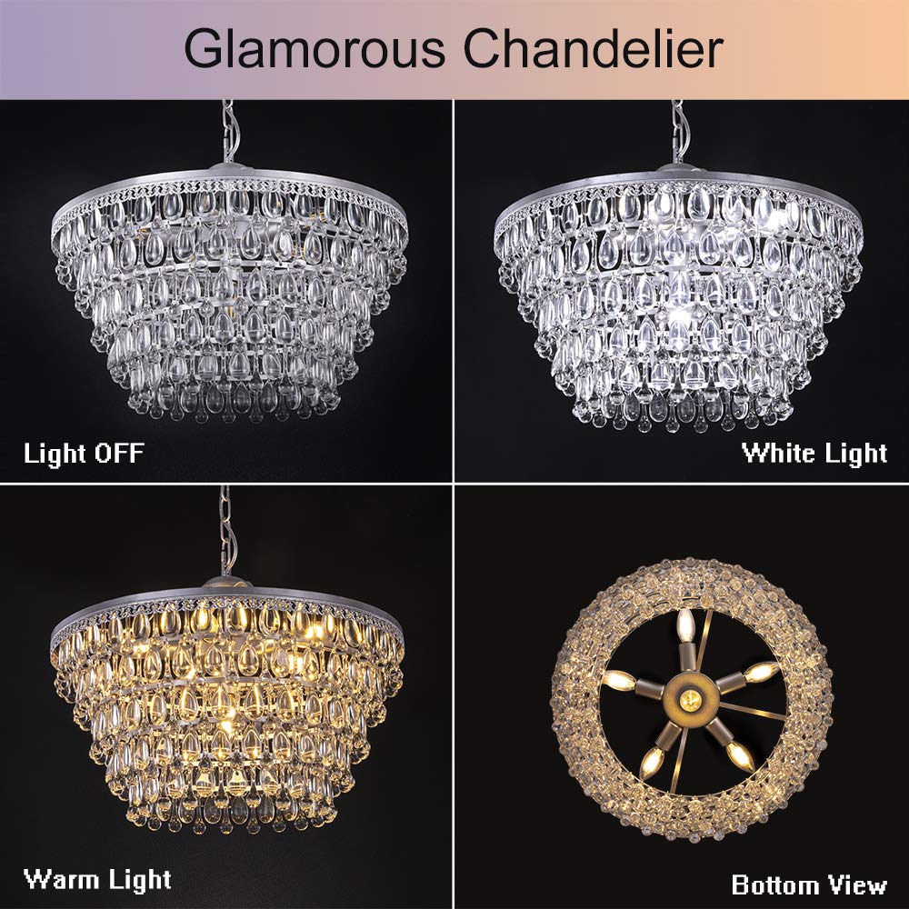 Wellmet 20" Crystal Chandelier, 6 Lights, Silver, Adjustable Modern Pendant for Dining Room, Bedroom, Hallway, Model DS-CCP002-Silver-US