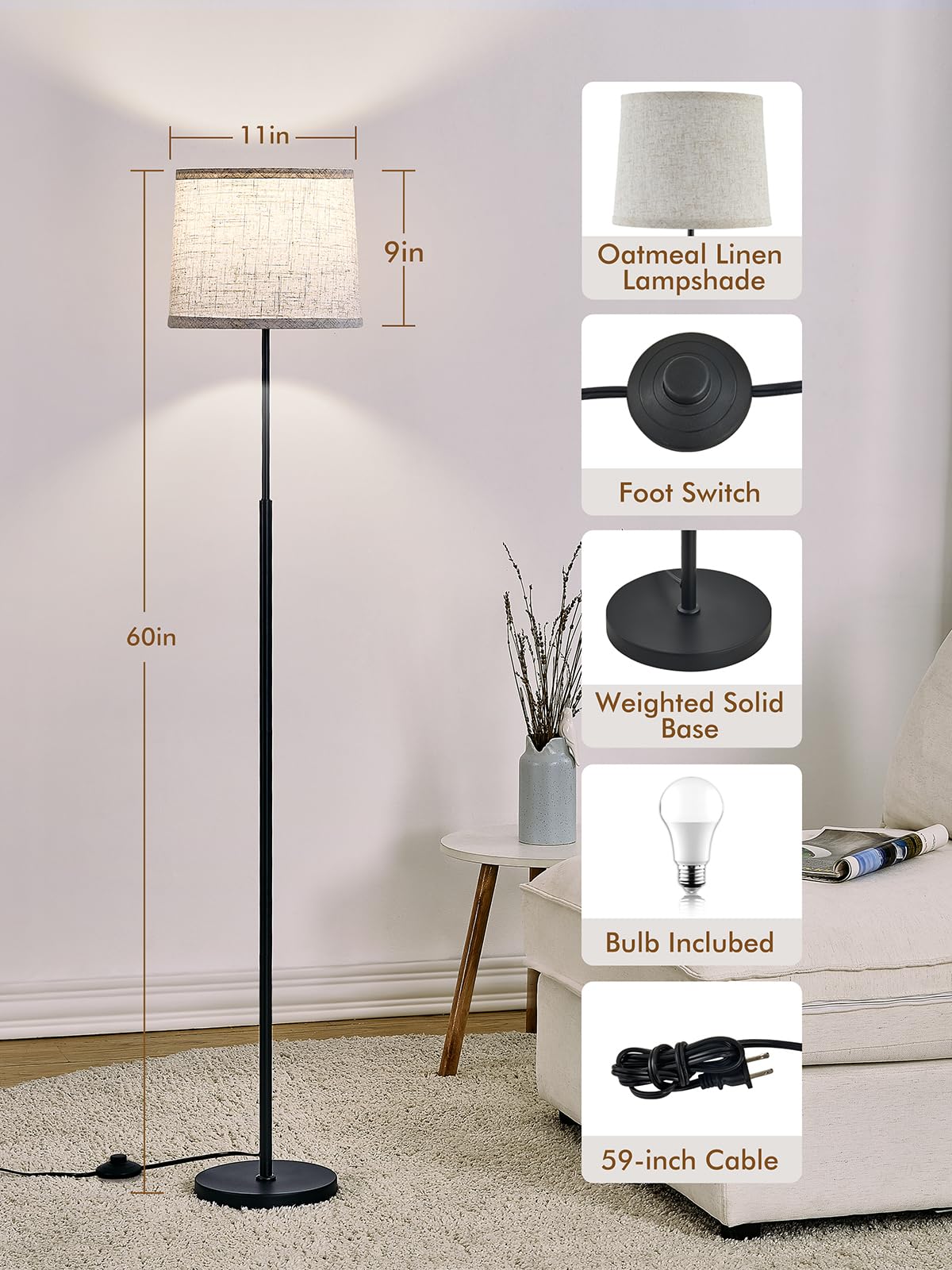 Hikczc 60in Modern Floor Lamp, Black Metal with Oatmeal Linen Shade, A19 9W Bulb, Foot Switch Control, Model H-1F-102