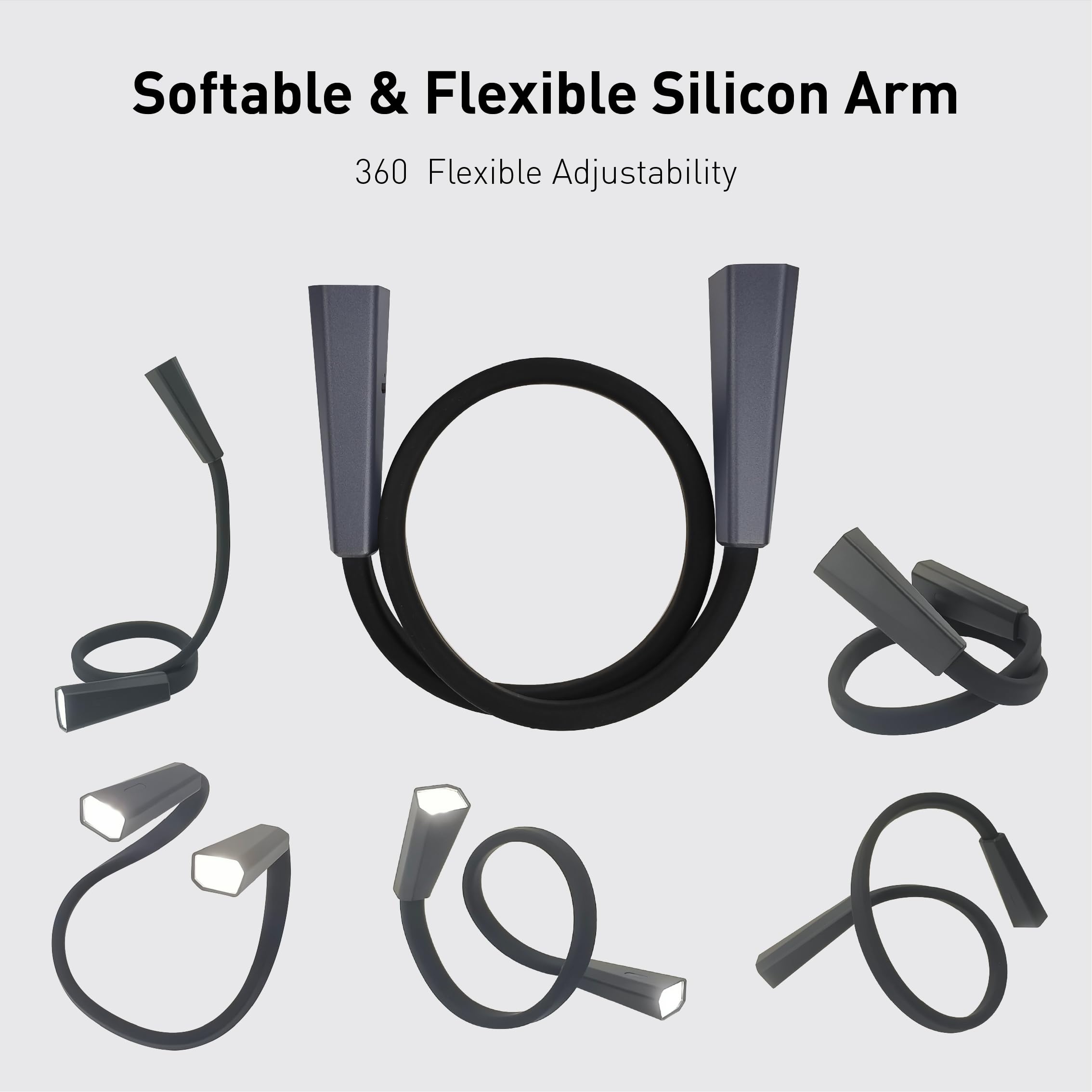 Radixium Silver Led Neck Rechargeable Reading Light, Multifuntion Book Light For Reading In Bed And Camping, 4 Brightness Levels