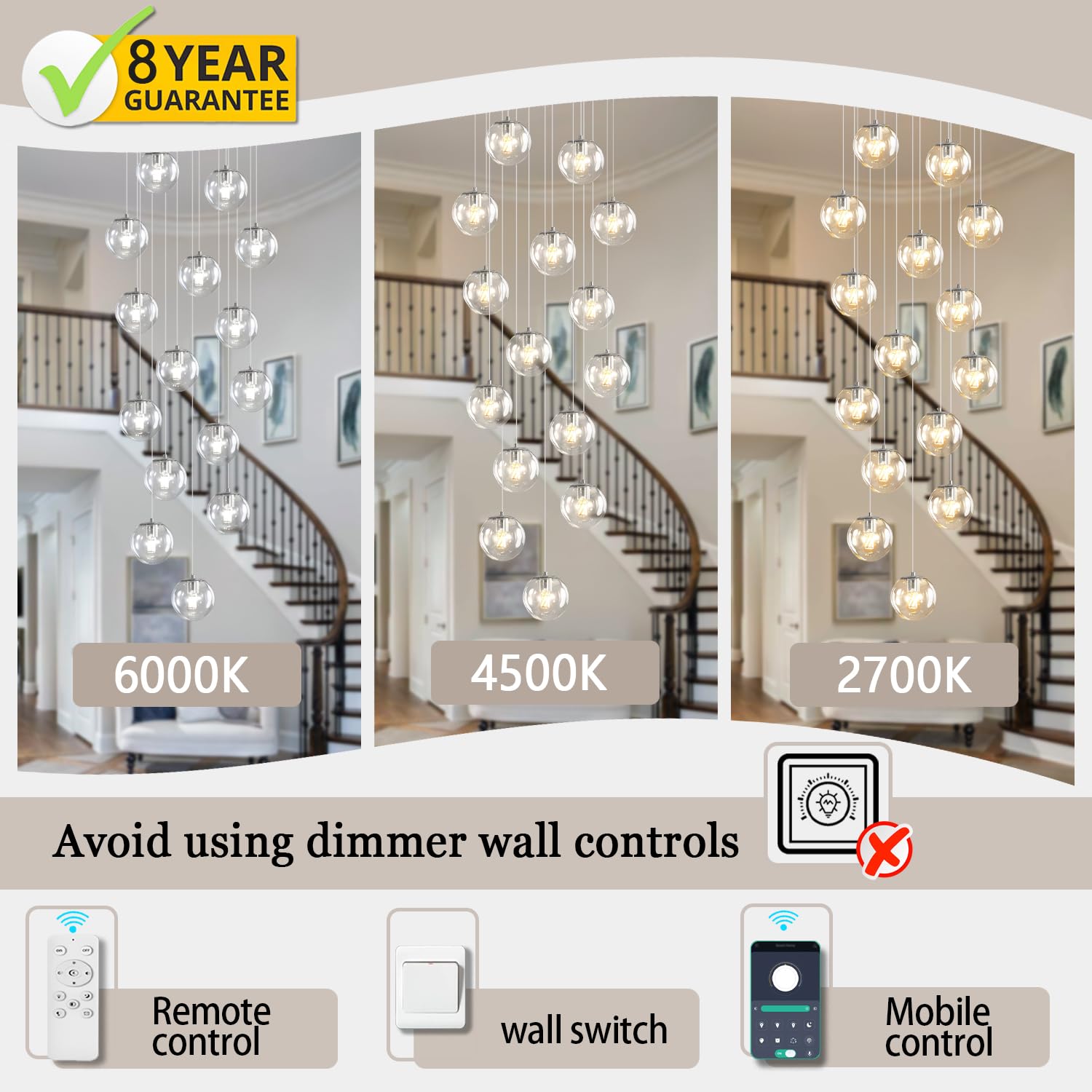 ykolupty H118 LED Staircase Chandelier - 15-Light Clear Glass Pendant Light for High Ceilings, Modern Silver Lighting Fixture