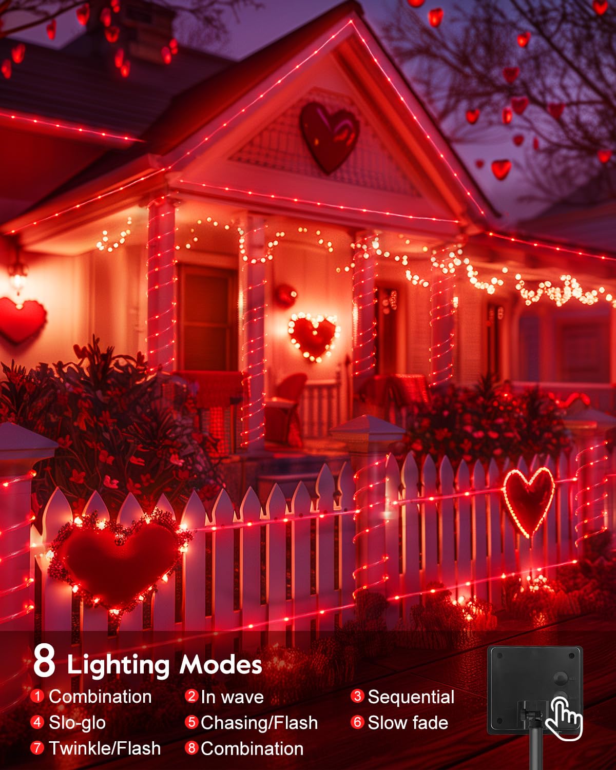 Brightown Solar Valentine String Lights Outdoor Waterproof, 2 Pack Total 78Ft 200 Led Solar Rope Lights With 8 Modes, Ip65 Water