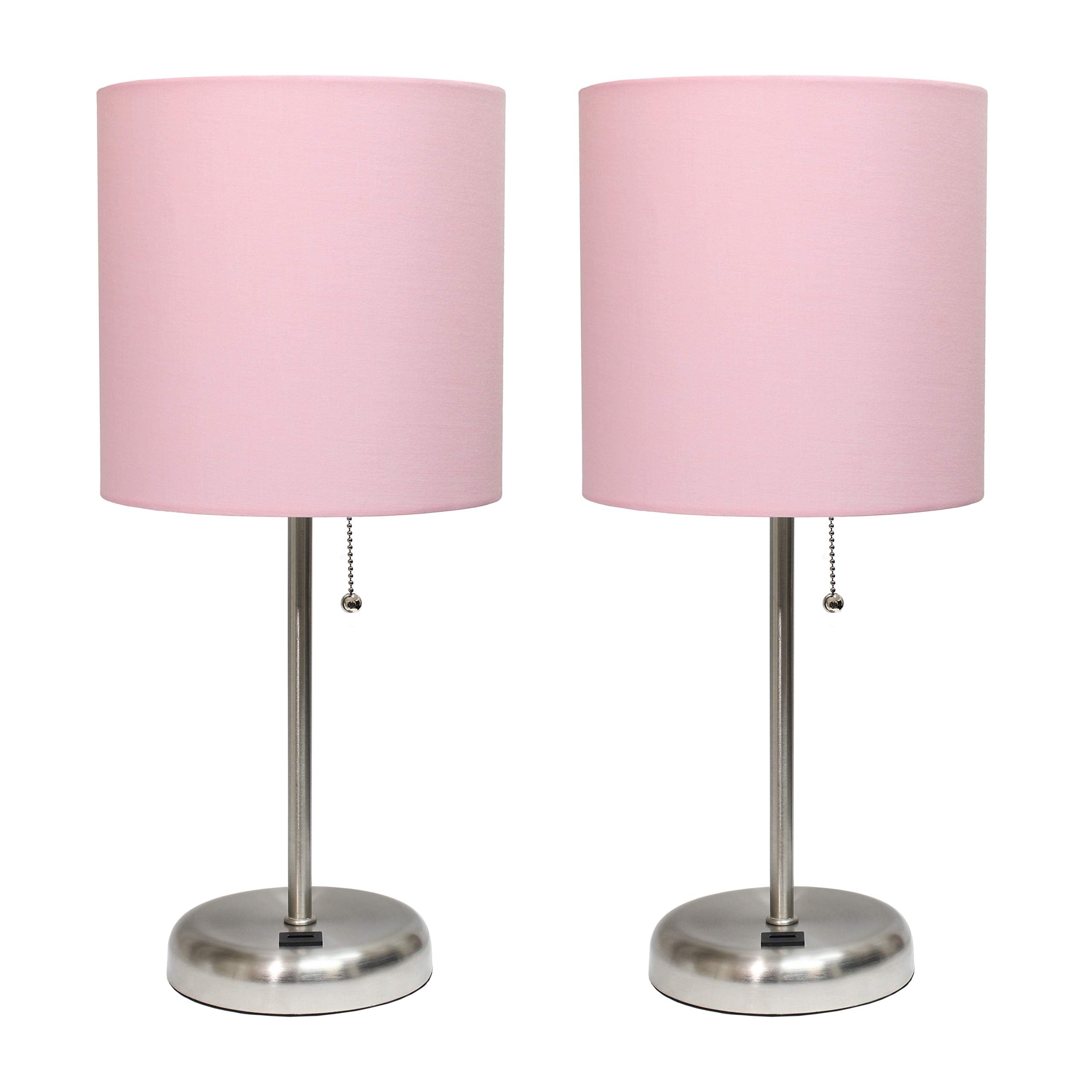 Simple Designs Lc2002-Lpk-2Pk Brushed Steel Stick Table Lamp Set With Usb Charging Port And Light Pink Fabric Shades, 2 Pack Set
