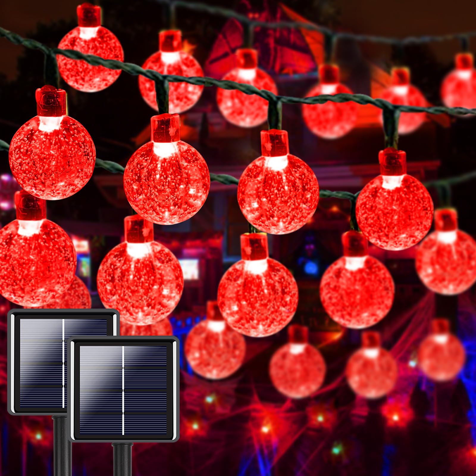 2-Pack Total 100 Led 64Ft Red Solar String Lights For Outside, Waterproof Solar Halloween Lights With 8 Lighting Modes, Crystal