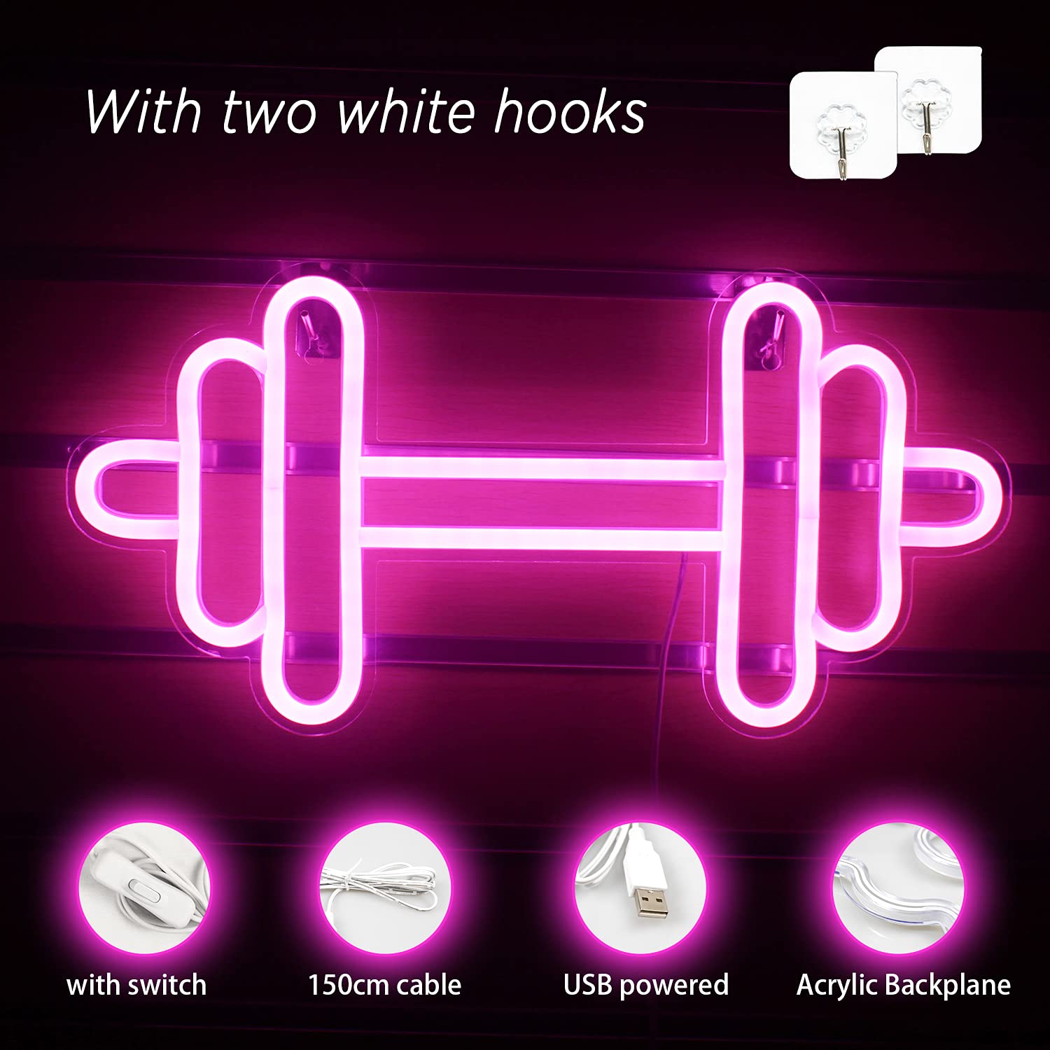 LUCUNSTAR Gym Neon Sign - Barbell Dumbbell LED Wall Decor, Small, Gym Pink, Model NS-DC-011 for Fitness, Teen Girls, Game Room