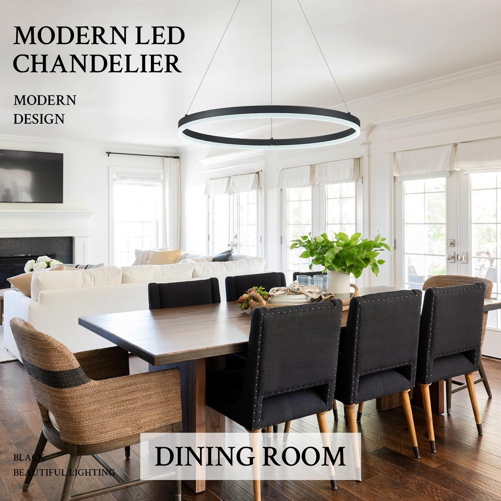 Sparklelf Modern Led Pendant Lighting 24 Ring Chandelier Black Dimmable Led Chandelier For Dining Room 36W Adjustable Pendant Light Fixture For Living Room Bedroom Home Office Foyer  3000-6500K