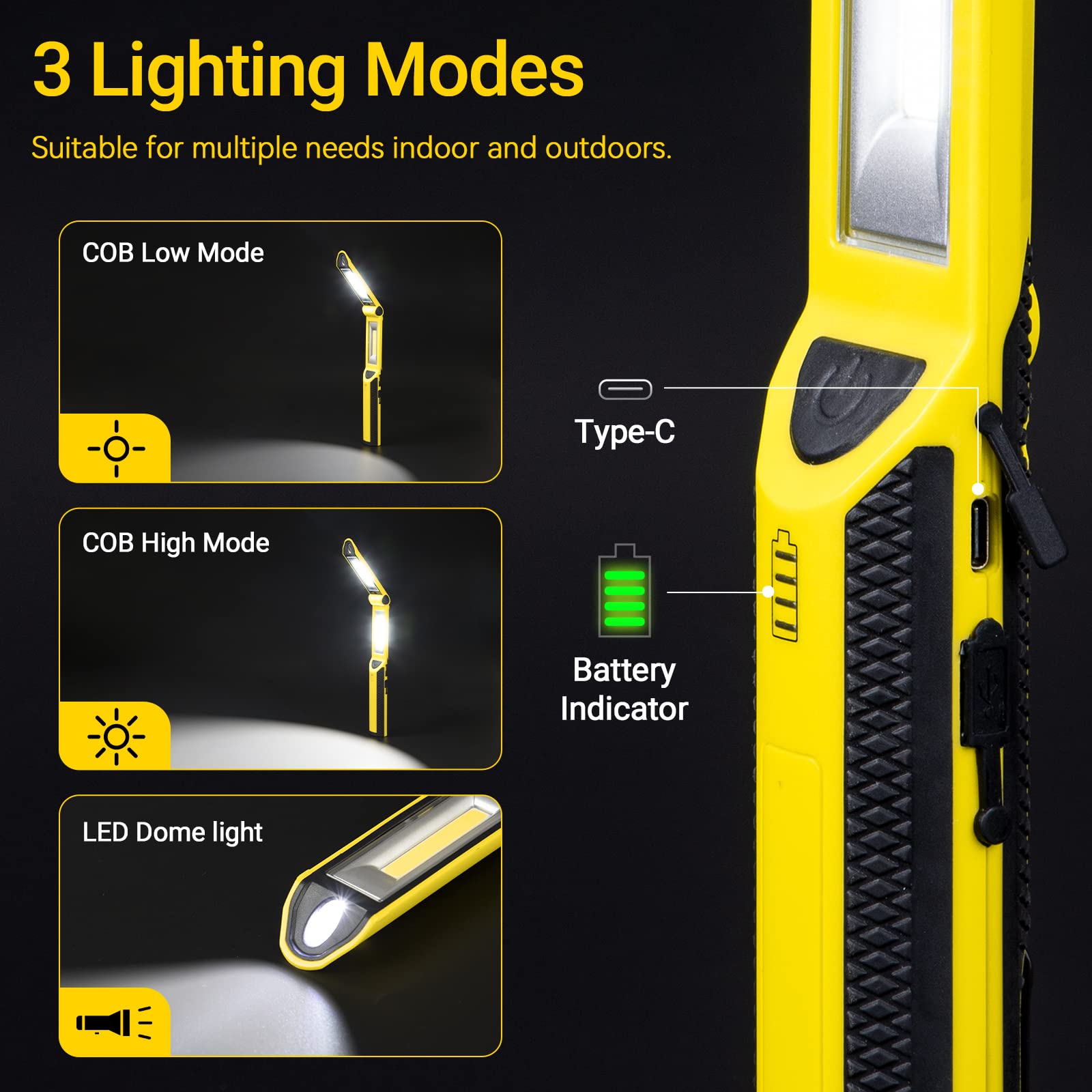 Work Light, Rechargeable Led Work Light 1500 Lumens, Portable Magnetic Work Light 180° Rotate 3 Modes, With 4 Magnetic Base And Hook Mechanic Light For Under Hood/Car Repairing/Inspection/Outdoor