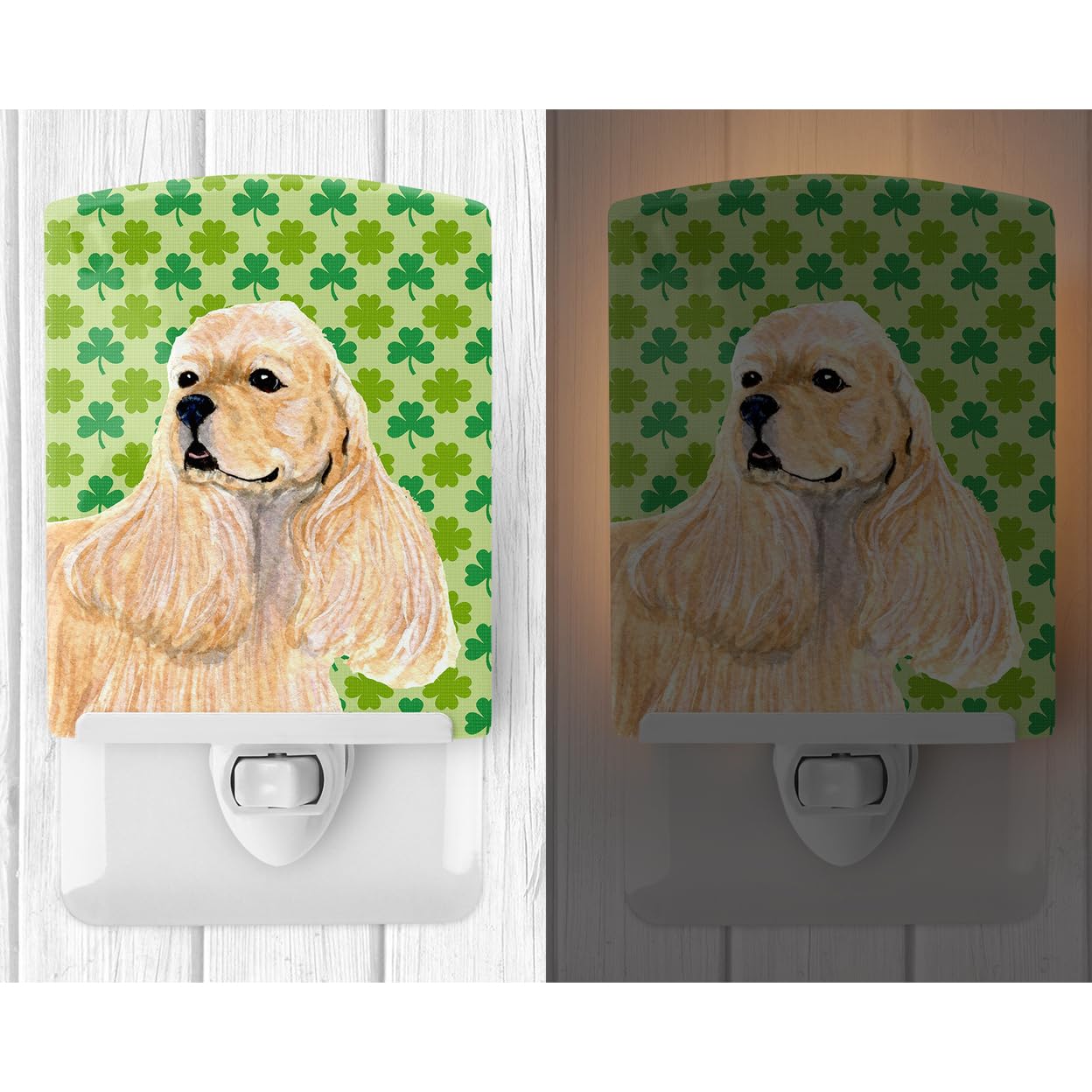 Caroline'S Treasures Ss4453Cnl Cocker Spaniel St. Patrick'S Day Shamrock Portrait Ceramic Night Light Compact, Ul-Certified, Ideal For Bedroom, Bathroom, Nursery, Hallway, Kitchen, 6X4X3, Multicolor