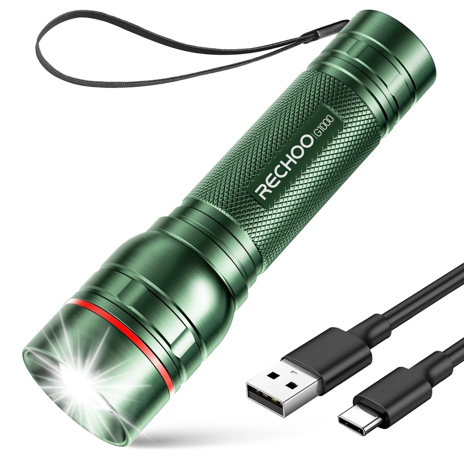 RECHOO G1000 Rechargeable Flashlight, 3 Lighting Modes, Aluminum, 1 Pack, Green