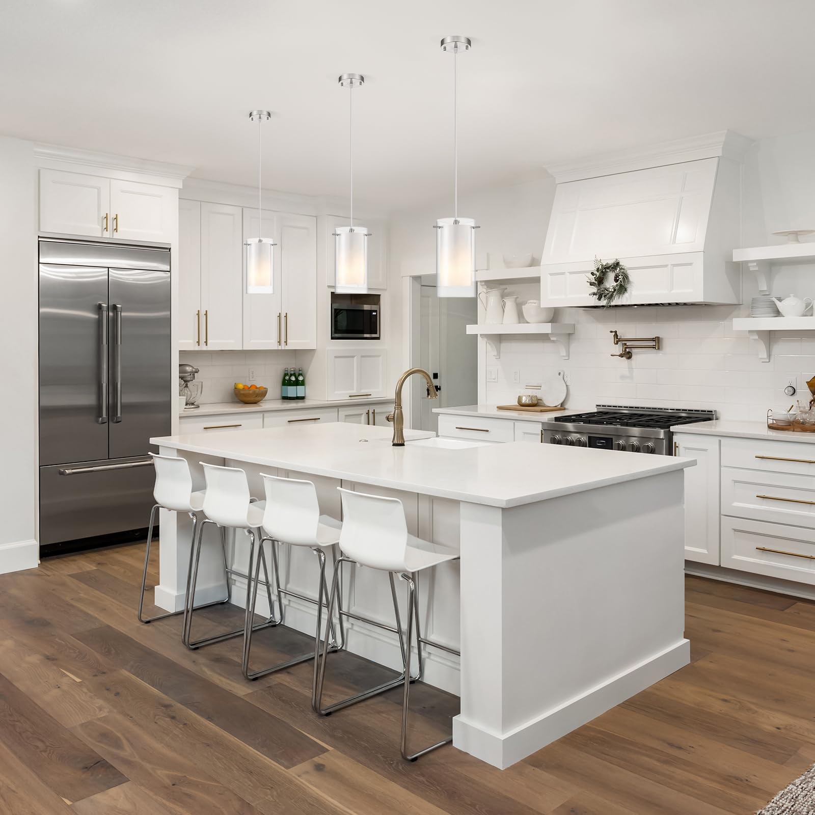 Akezon 3-Light Pendant Light, Indoor Glass Hanging Light Fixture, Adjustable Height, Brushed Nickel Finish For Kitchen Dining Room