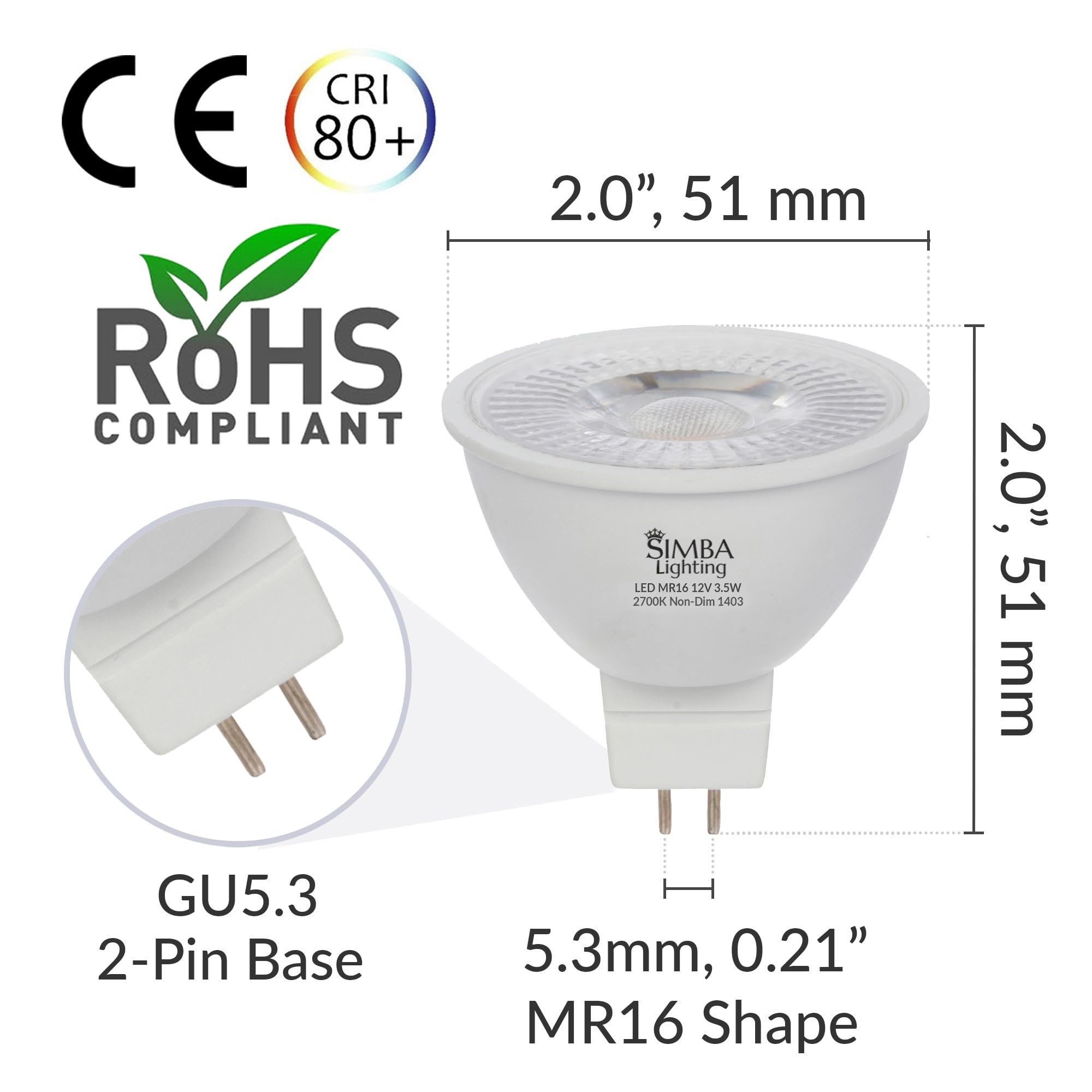 Simba Lighting LED MR16 3.5W Light Bulb, 10 Pack, 2700K Warm White, GU5.3 Bipin Base, Non-Dimmable, Halogen
