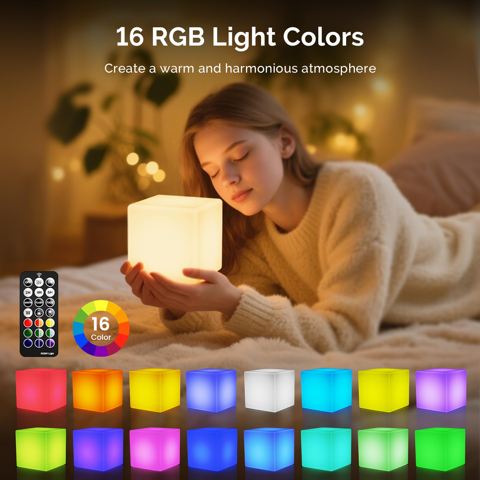 Loftek Led Cube Mood Lamp - 4-Inch Rgb Tesseract With Remote, Ip65 Waterproof, White Acrylic Night Light For Kids And Nursery