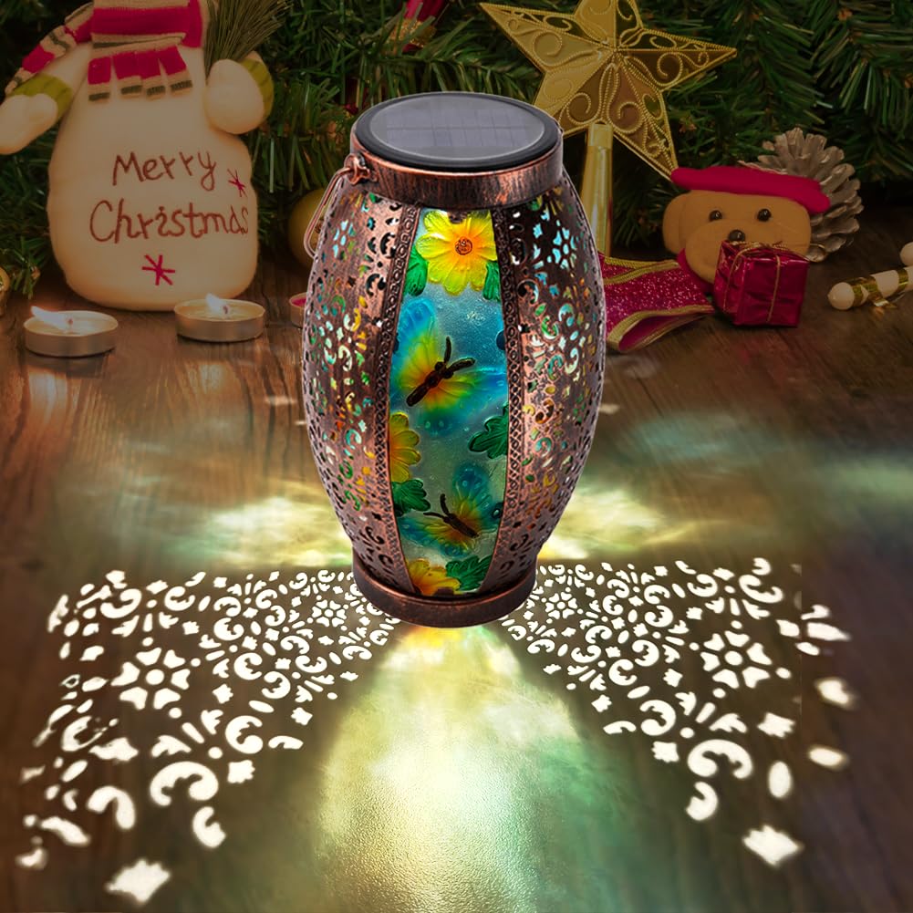 OUISJYER Solar Lantern - Outdoor Waterproof Glass & Metal, Large Hanging Tabletop Lamp, Butterfly Design, 2 Pack