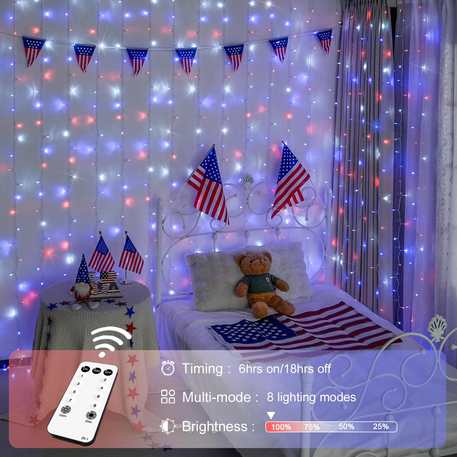 JMEXSUSS 300 LED String Lights, Red White and Blue, 9.8x9.8ft, Remote Control, Indoor Outdoor 4th of July Decor, Model EXS-C