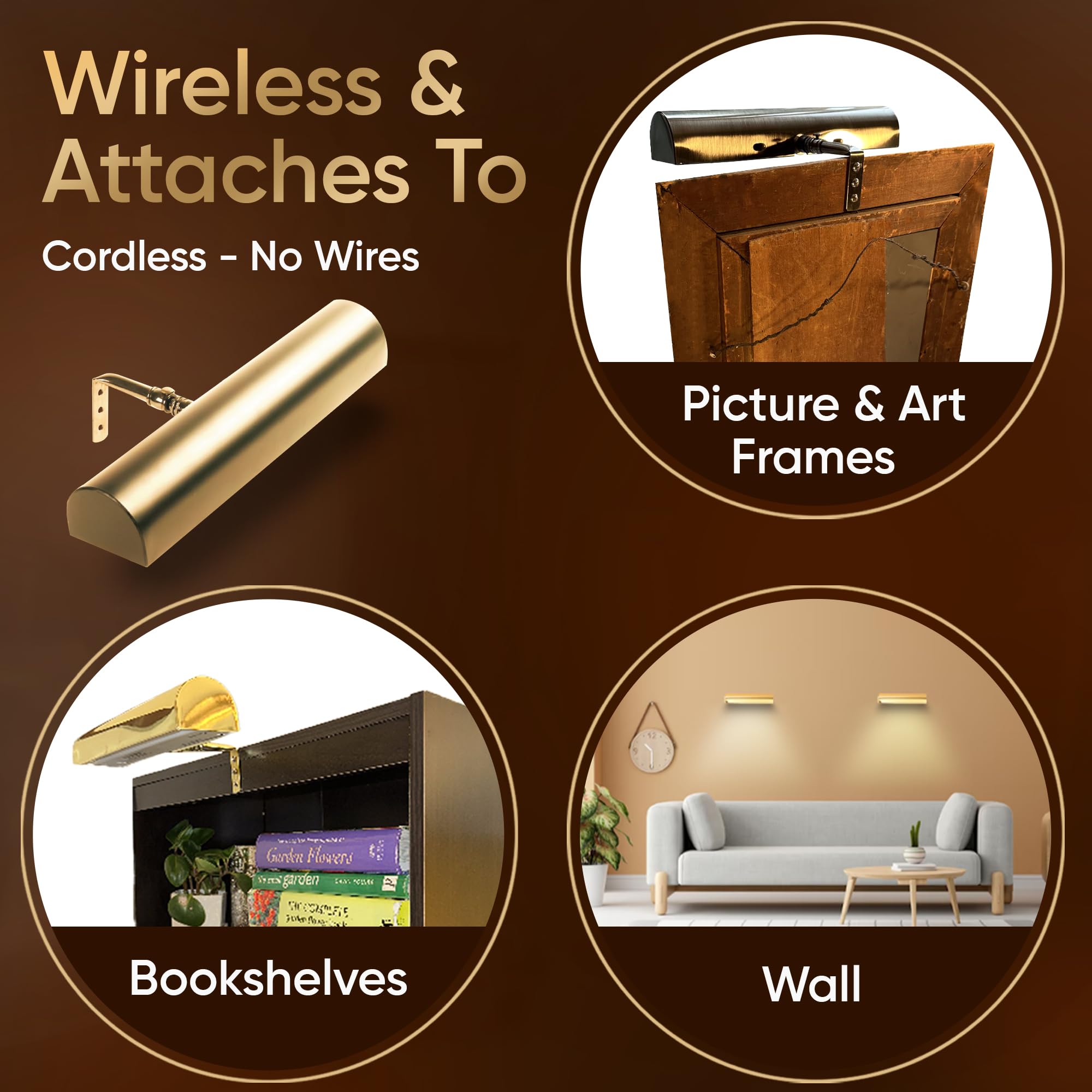 Concept Lighting Dimmable Battery Operated Picture Light, 18 inch, Polished Brass, Model 301L, Wireless with Remote Control