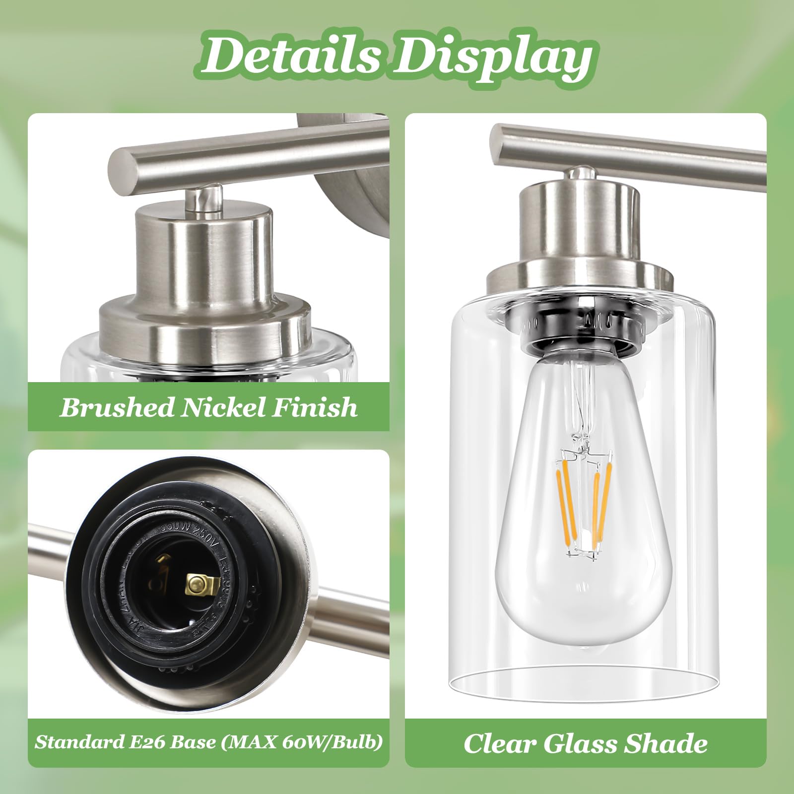 Guliaofo 4-Light Nickel Bathroom Light Fixtures, E26 Modern Vanity Lights, Clear Glass Shade, Model Gu-111-QGN-4