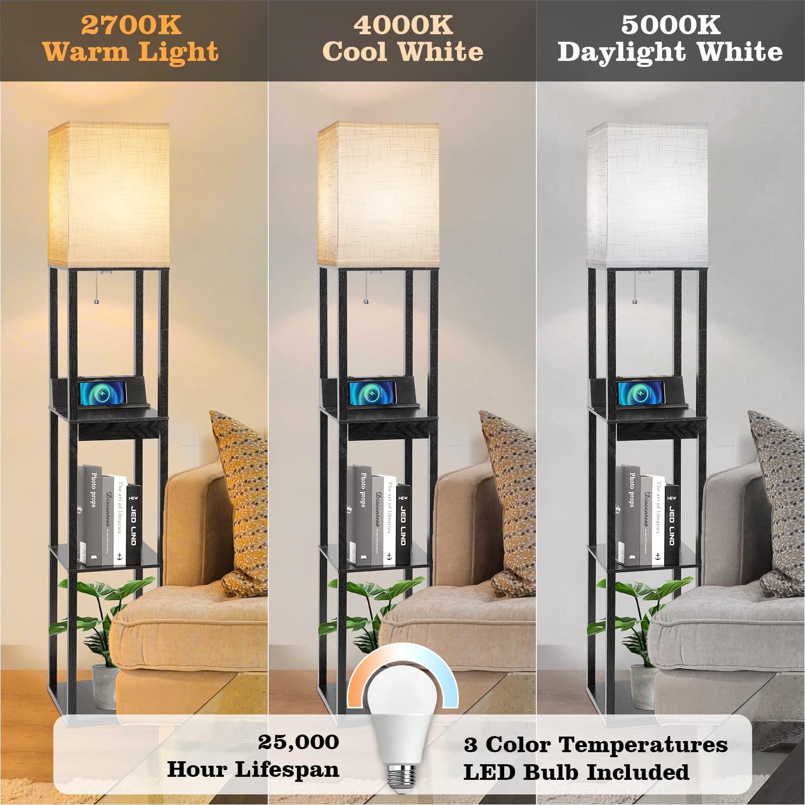 Floor Lamp With Shelves, Runtop Led Shelf Floor Lamp With Wireless Charger & 2 Charging Usb Ports & Drawer, Ac Outlet, 3 Color T