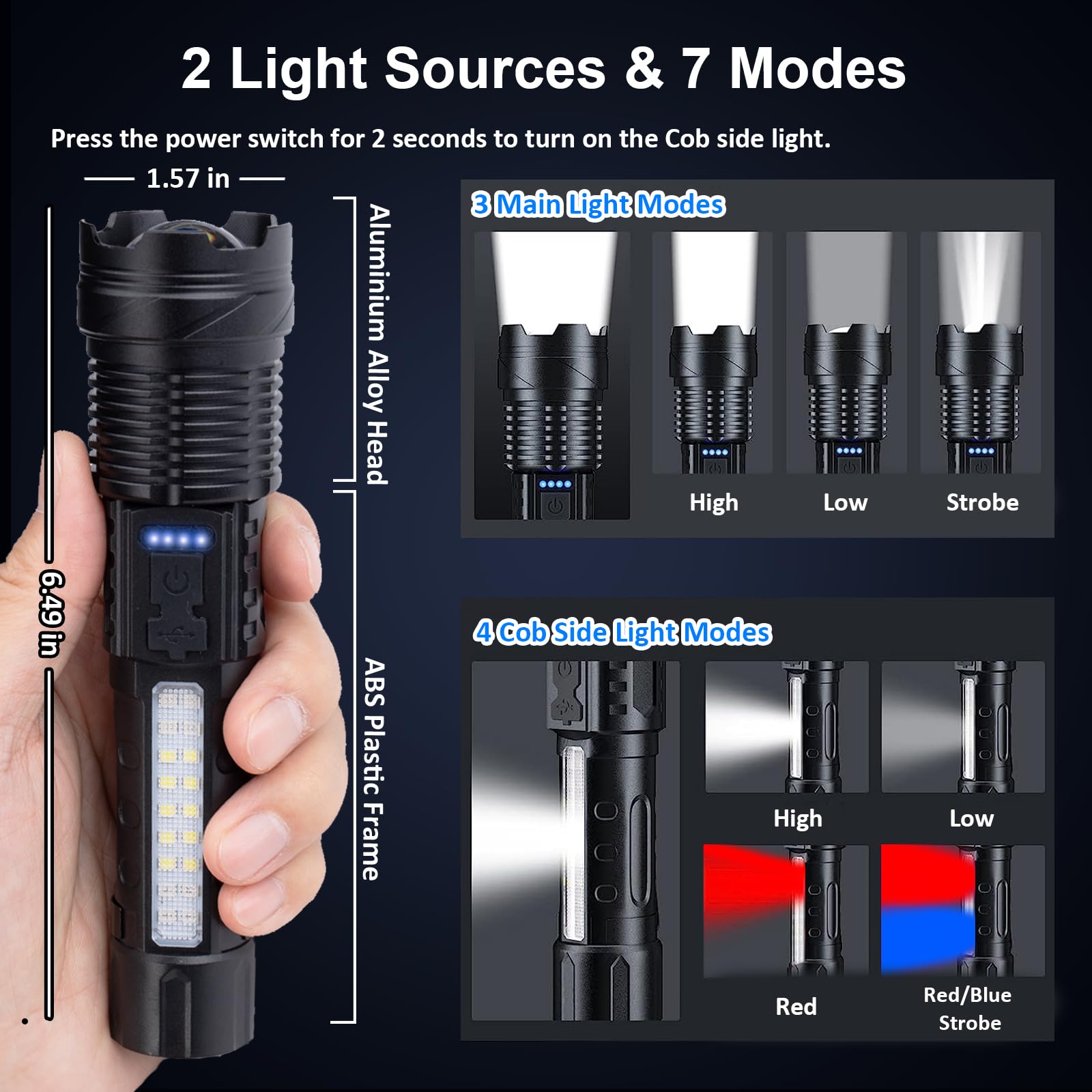 Flashlights High Lumens Rechargeable 2 Pcs, 1,000,000 Lumens Led Tactical Flashlight Battery Powered With 7 Light Modes, Cob Sid