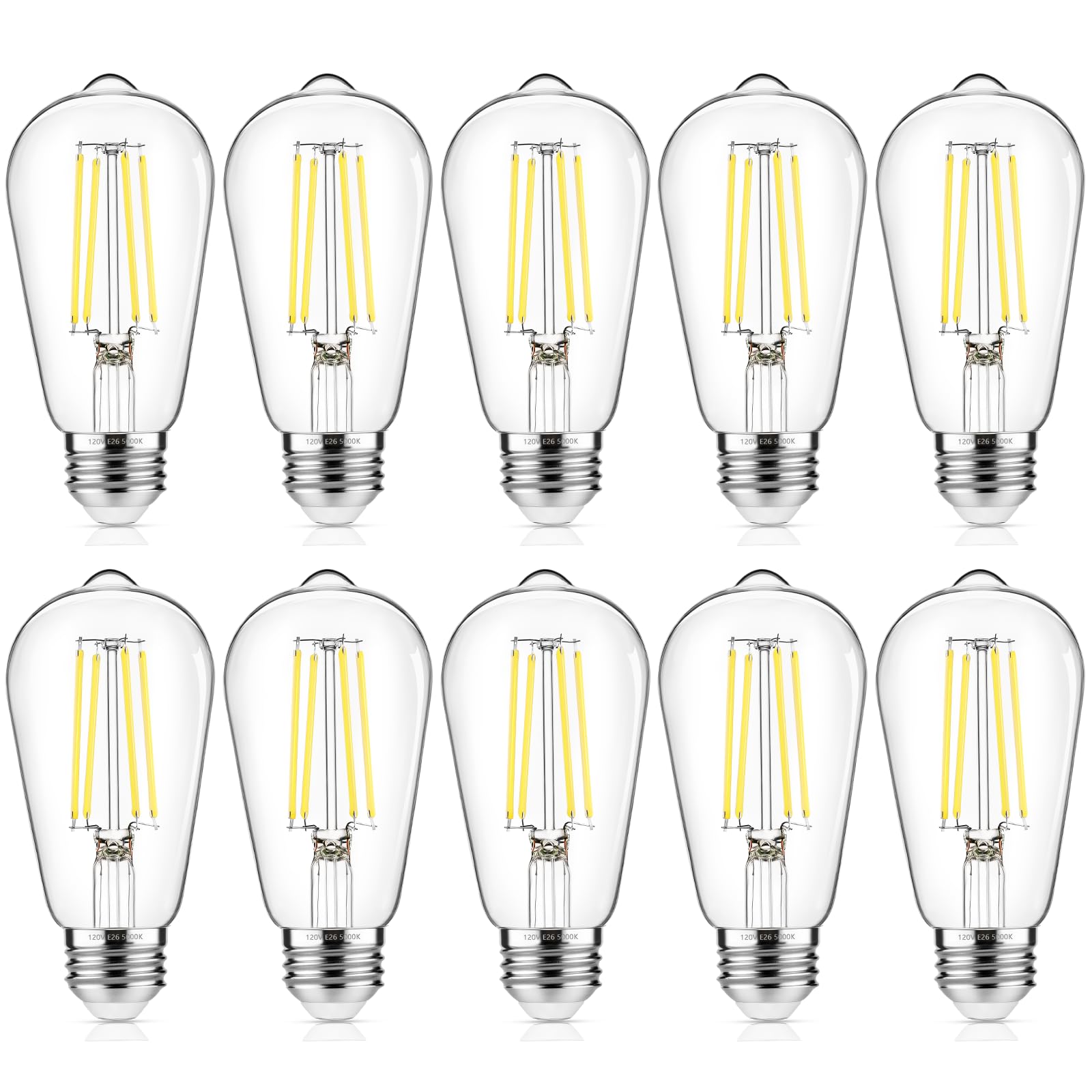 Asomst 10-Pack Vintage Edison Bulbs 60W Equivalent, 850Lm 6W Led Light Bulb Daylight White 5000K, St58 Filament Lighting E26 Bas