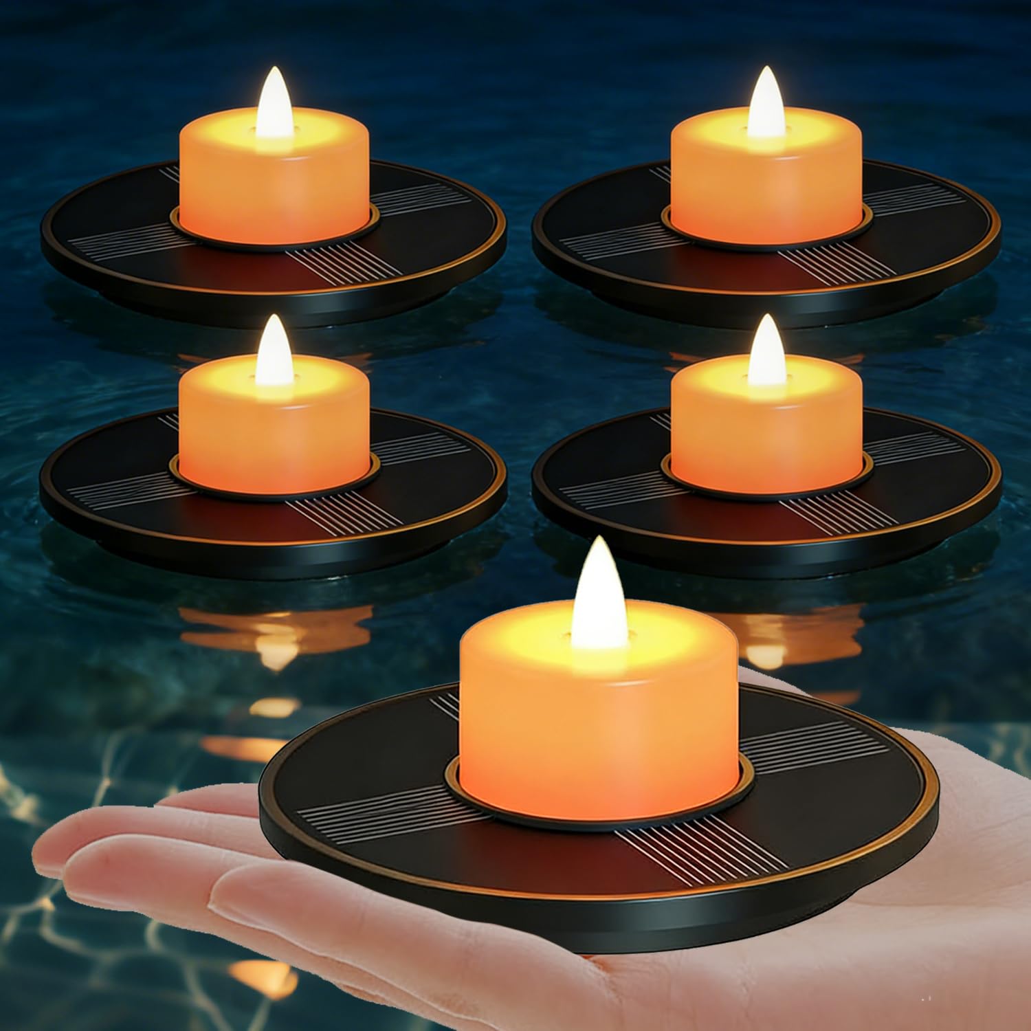 uuffoo Small Solar Floating Pool Lights 5-Pack, 2 Inch Solar-Powered Floating Candle Tealights for Pools, Pond, Garden & Patio, 