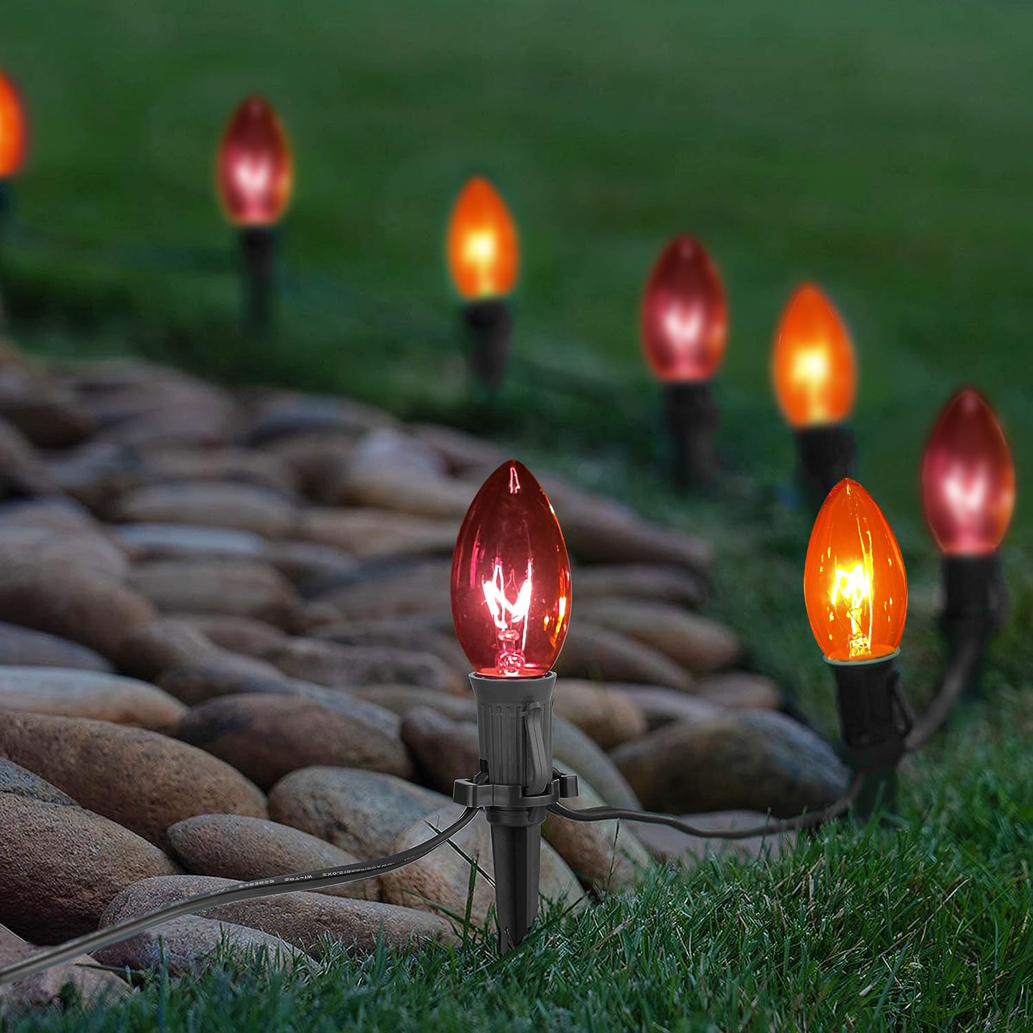 C9 Christmas Pathway Lights Outdoor, 19.5Ft Christmas Decorations Pathway String Lights with 10 C9 Orange and Black Halloween St