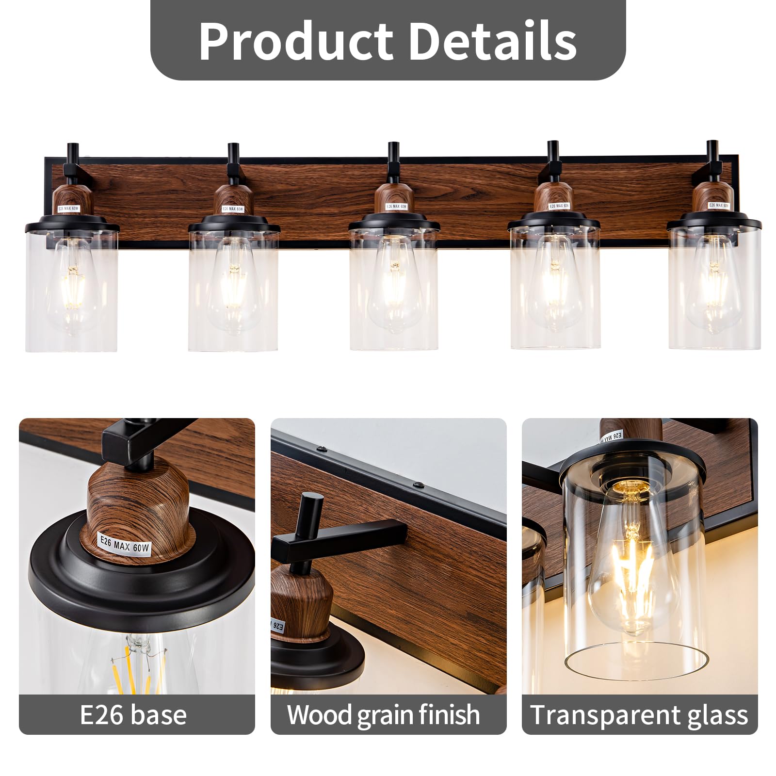 Lanhall 5-Light Farmhouse Bathroom Light Fixtures Vintage Bathroom Vanity Lights Over Mirror Black And Wood Painted Metal Vanity