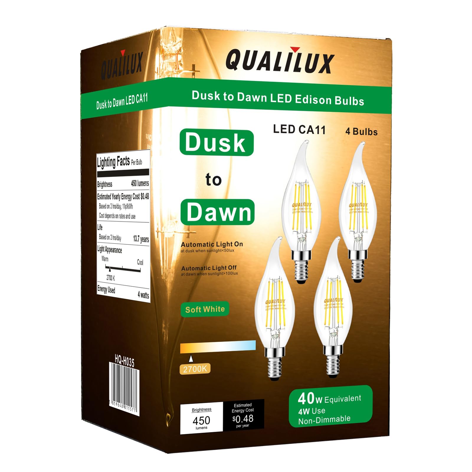 Qualilux Dusk To Dawn Candelabra Bulbs Outdoor, Ca11 Vintage Glass, Candle Flame Tip, Soft White 2700K, 4W=40W, 450Lm Auto On/Of