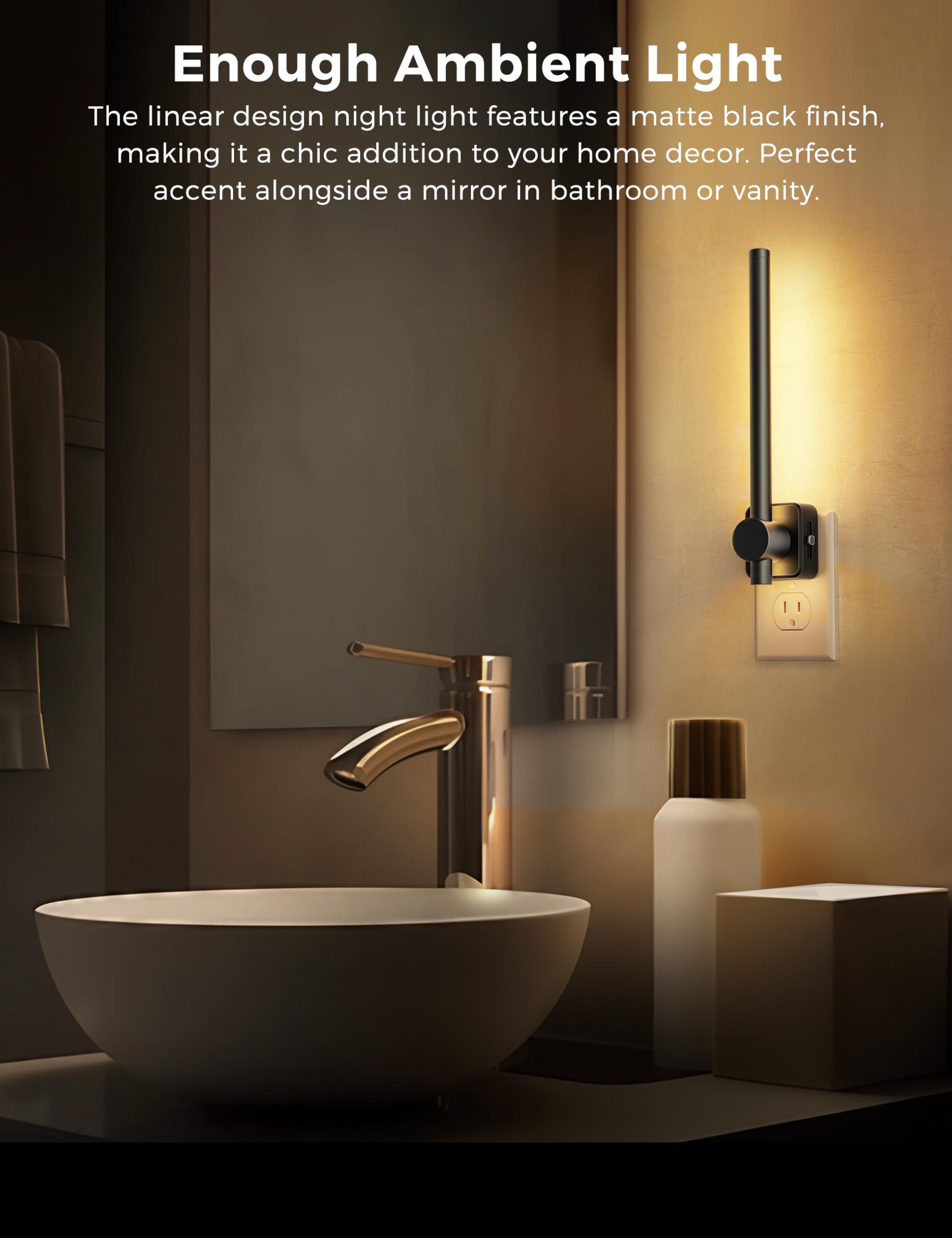L Lohas Led Night Light, [2 Pack] Black Vanity Night Light Plug Into Wall 0-200Lm, Dusk To Dawn Sensor, 2 W Dimmable Night Light