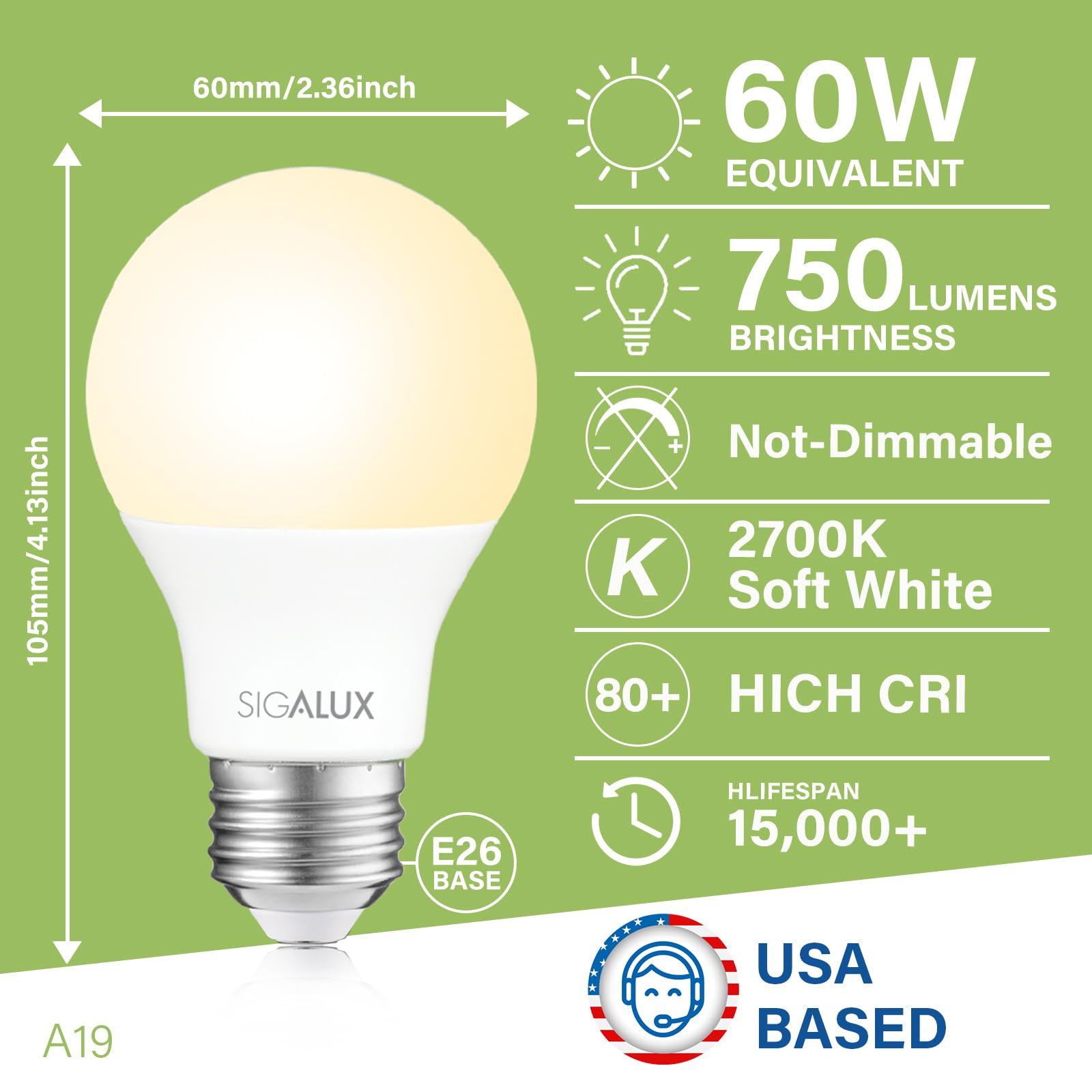 Sigalux A19 Led Light Bulbs 60 Watt Equivalent,Non-Dimmable Energy Efficient 9.5W Led 2700K Soft White Light Bulb With E26 Mediu
