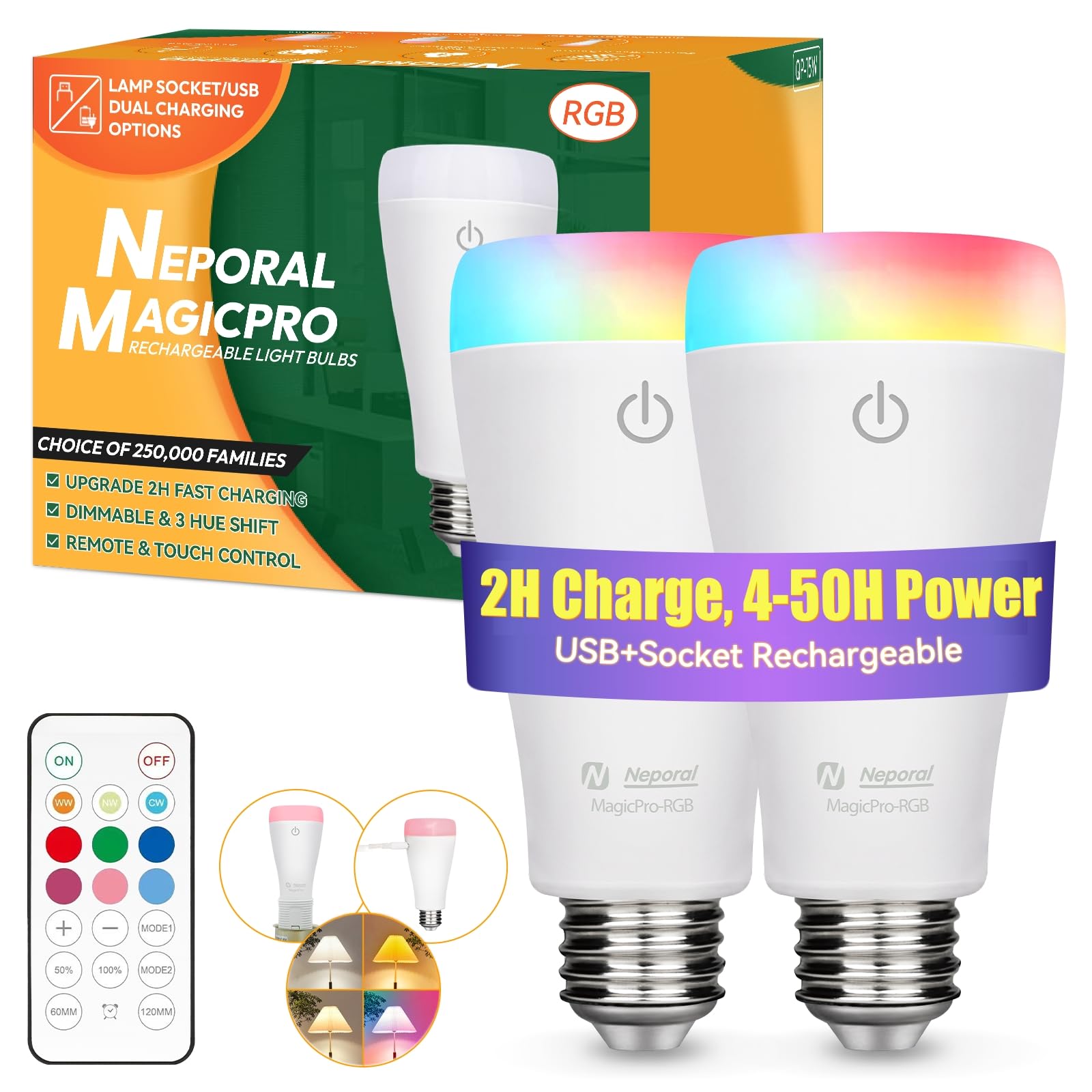 Neporal Magixpro Rechargeable Light Bulbs With Remote, Socket/Usb Rechargeable Light Bulb 2H Fast Charge & 5-50H Battery Life, 3