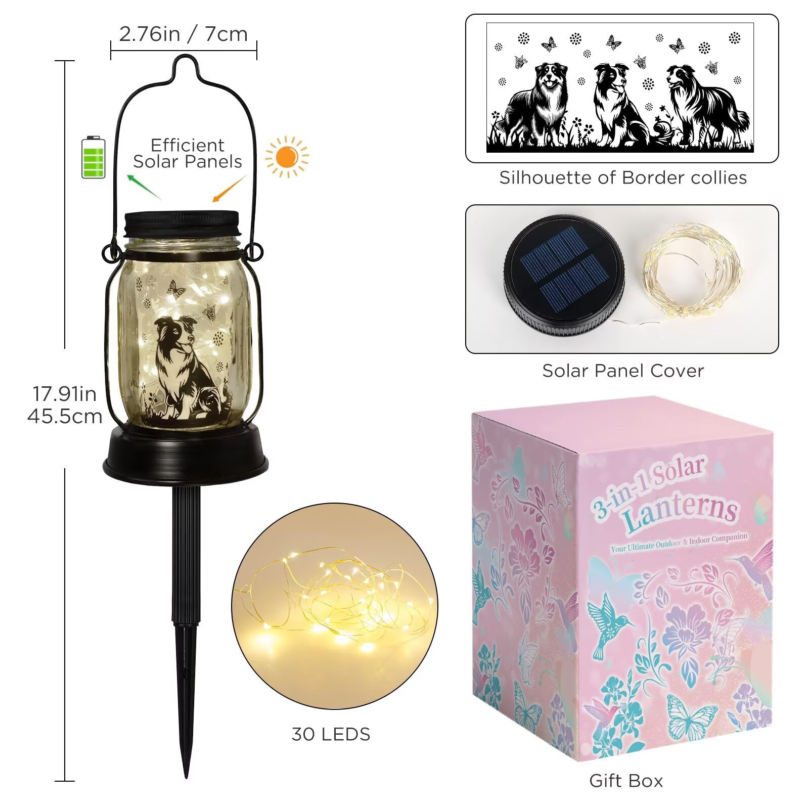 Border Collie Gifts For Women/Men Border Collie Solar Lanterns Dog Mom Birthday, Dog Lovers Lantern, Pet Loss Pet Memorial Light