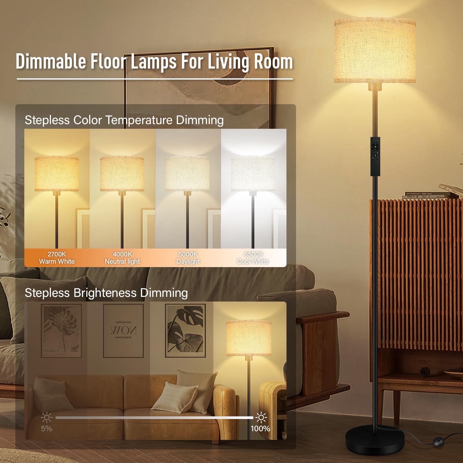 Floor Lamps For Living Room, Stepless Dimmable Floor Lamp With Remote, 2700K-6500K Colors Temperature & Brightness Adjustable,10