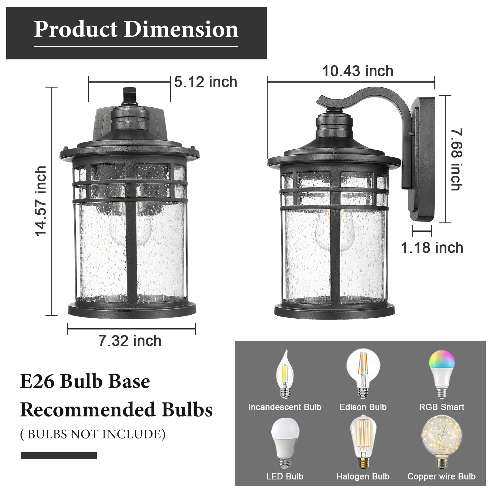 Darkaway Large Outdoor Porch Light Fixture - Black Seeded Glass Sconce for Patio, Yard, Hallway, Garage - Model 6X20B-M BK
