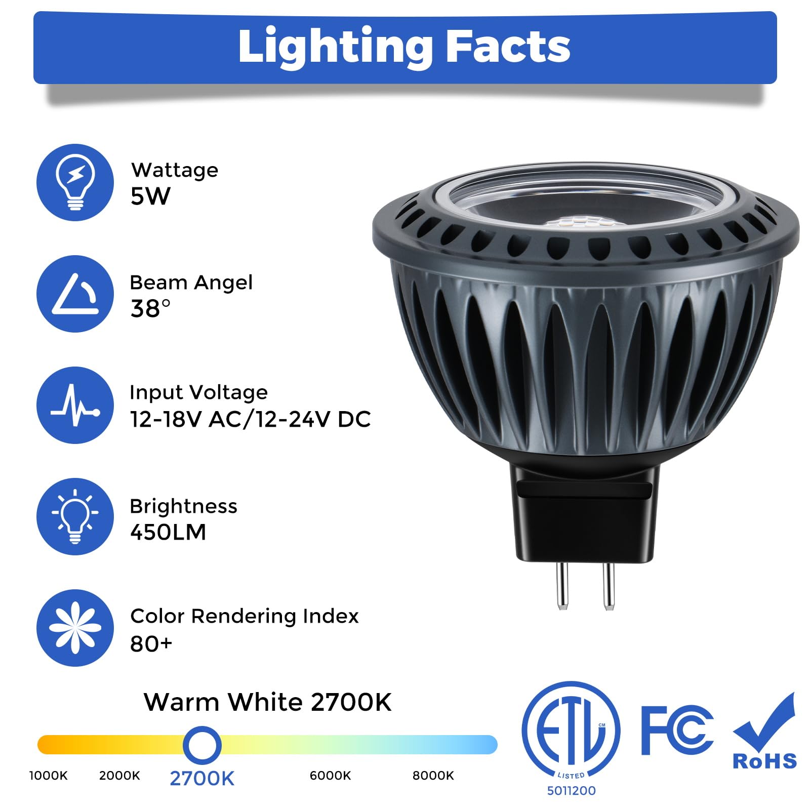 Gardencoin MR16 LED Light Bulb, 5W Dimmable, 450 Lumens, Aluminum, 2700K Warm White, 6-Pack, GU5.3 Bi-P