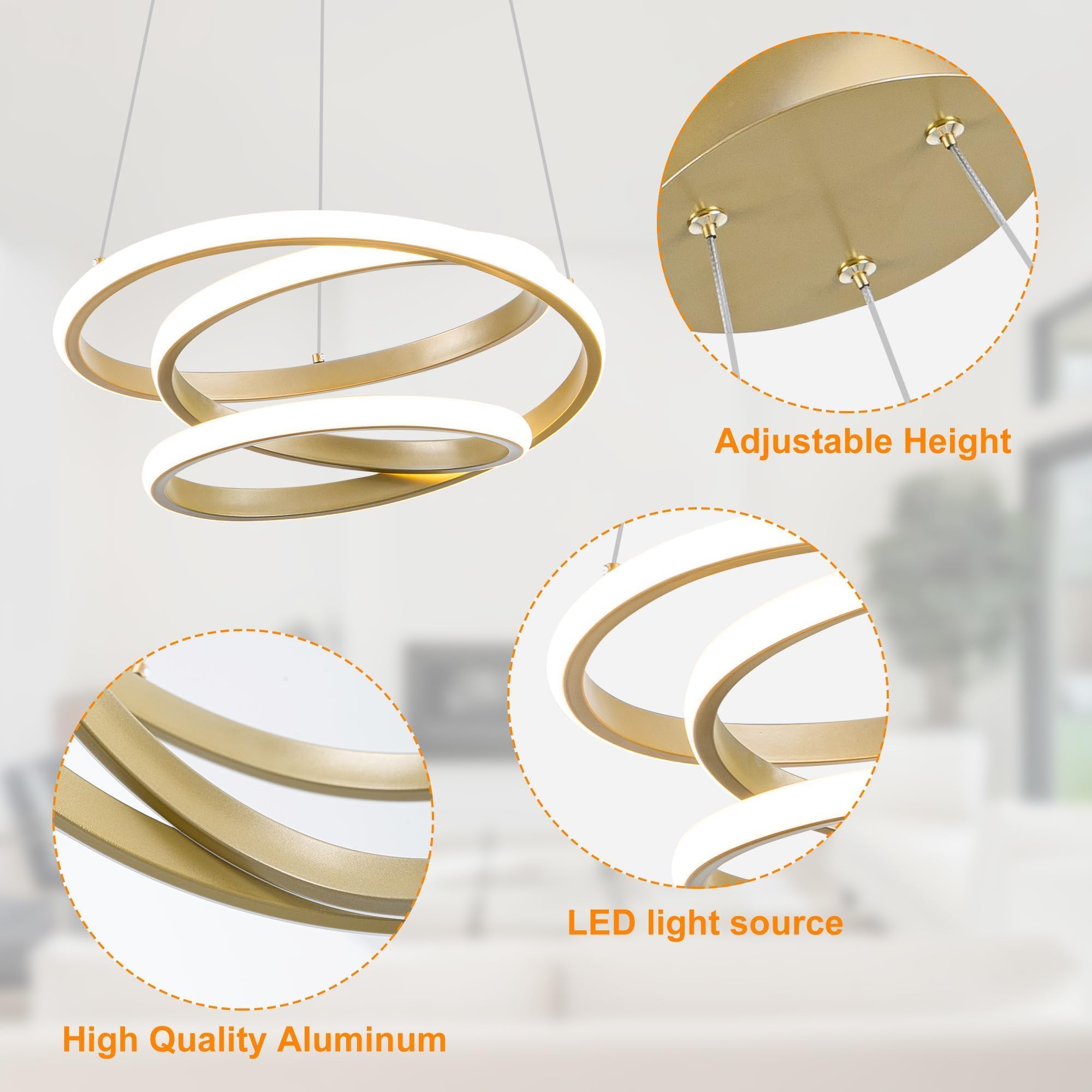 Mayful Modern Chandelier With Remote Control  3-Color Dimmable Led Pendant Light Fixtures  Height Adjustable Kitchen Island Lighting For Dining Room Bedroom Living Room Foyer Office Gold 13.78 Inches