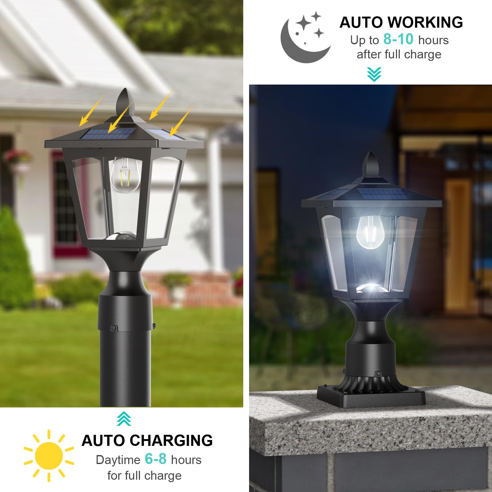 Greluna Solar Post Lights, 6000K Dusk to Dawn Outdoor Lamp, Waterproof Pier Mount, Cool White, Model PL007