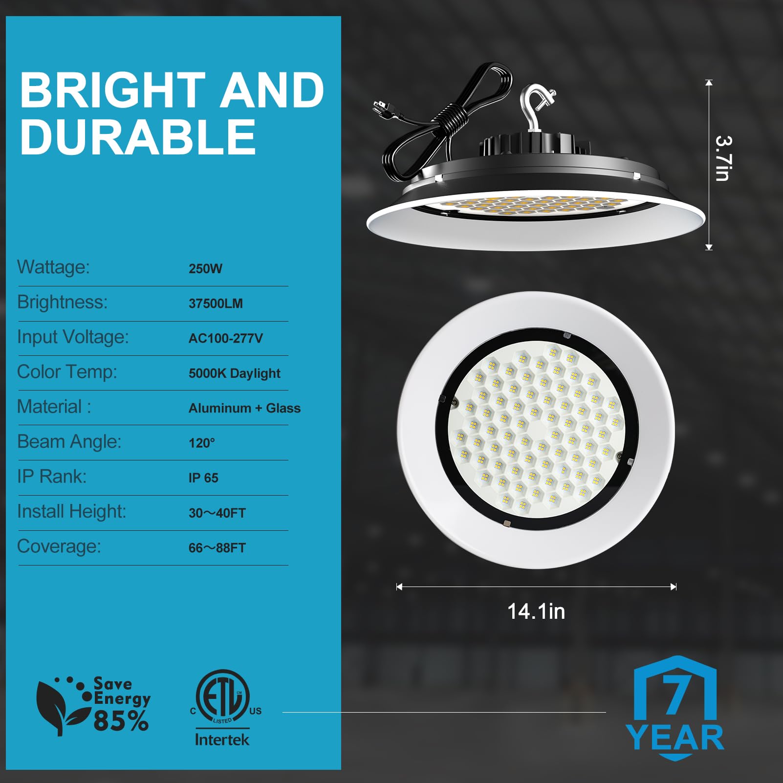 Lightdot Led High Bay Light With Relfector(Beam Angle:120) 250W (344X1W Led) 37500Lm (Strong Brightness) High Bay Led Shop Light