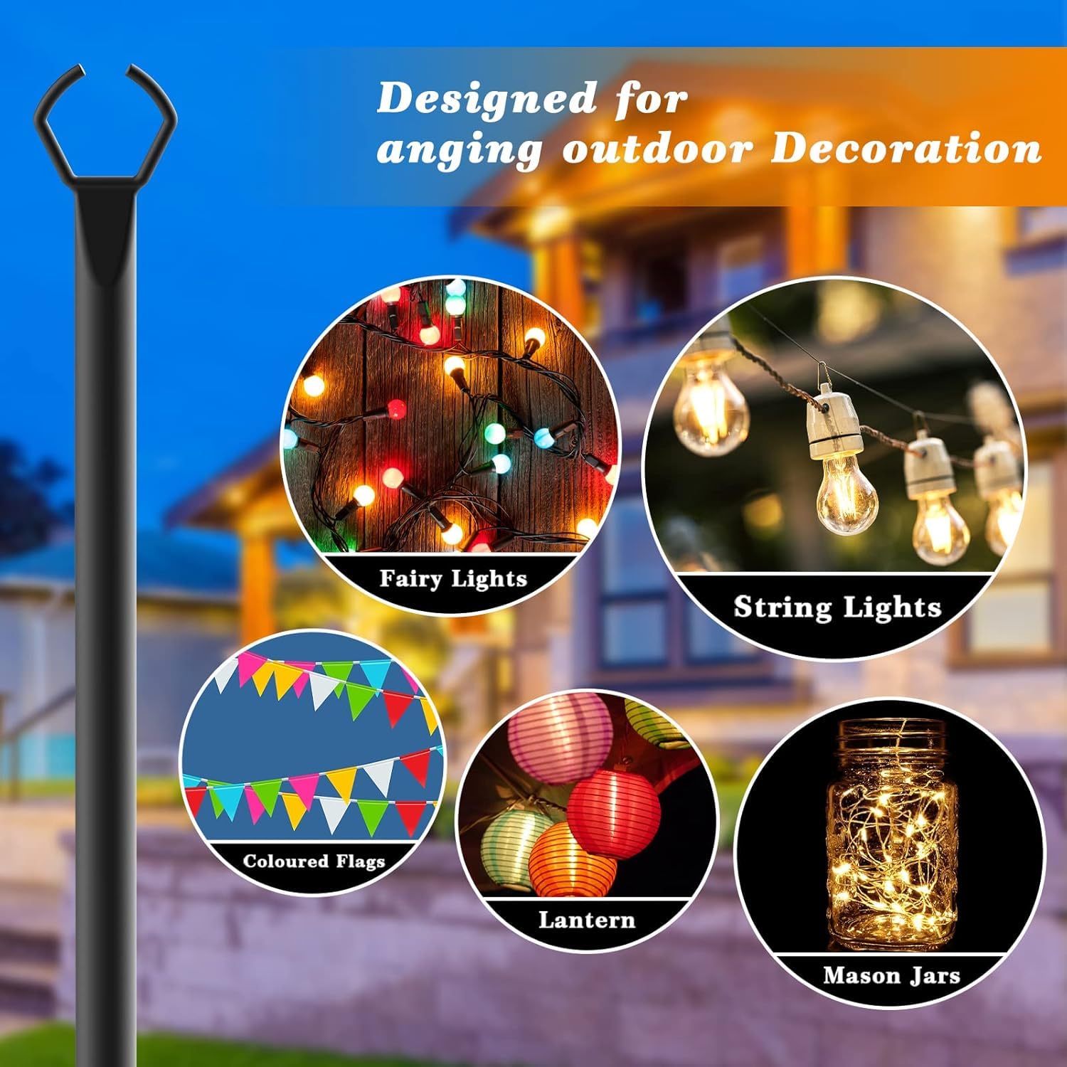 Mutovlin 10FT String Light Poles, 6 Pack, Metal Outdoor Lighting Stand, Black