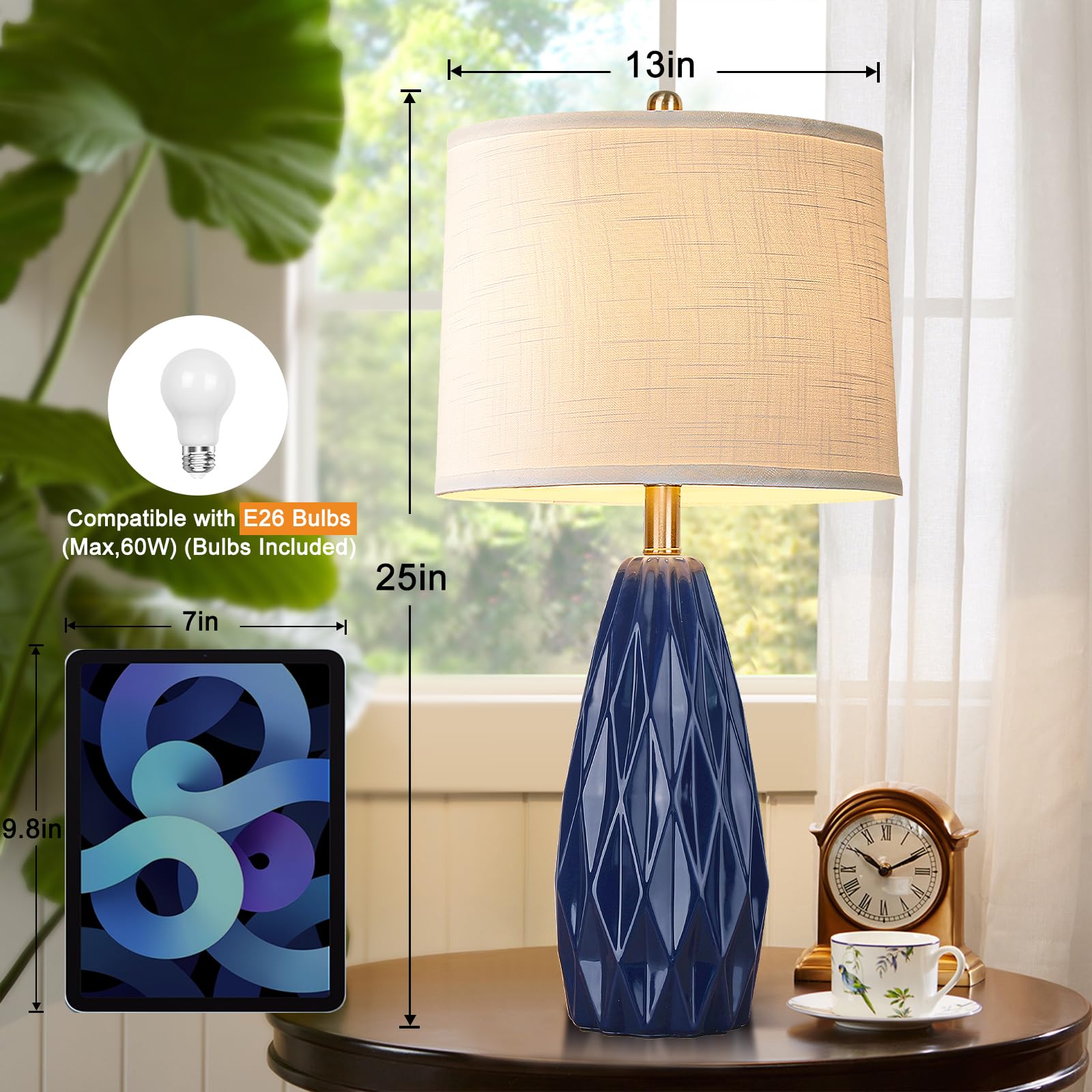 Kunruitai 25'' Geometric Navy Blue Table Lamp - Modern Ceramic, 3-Way Dimmable For Bedroom, Living Room